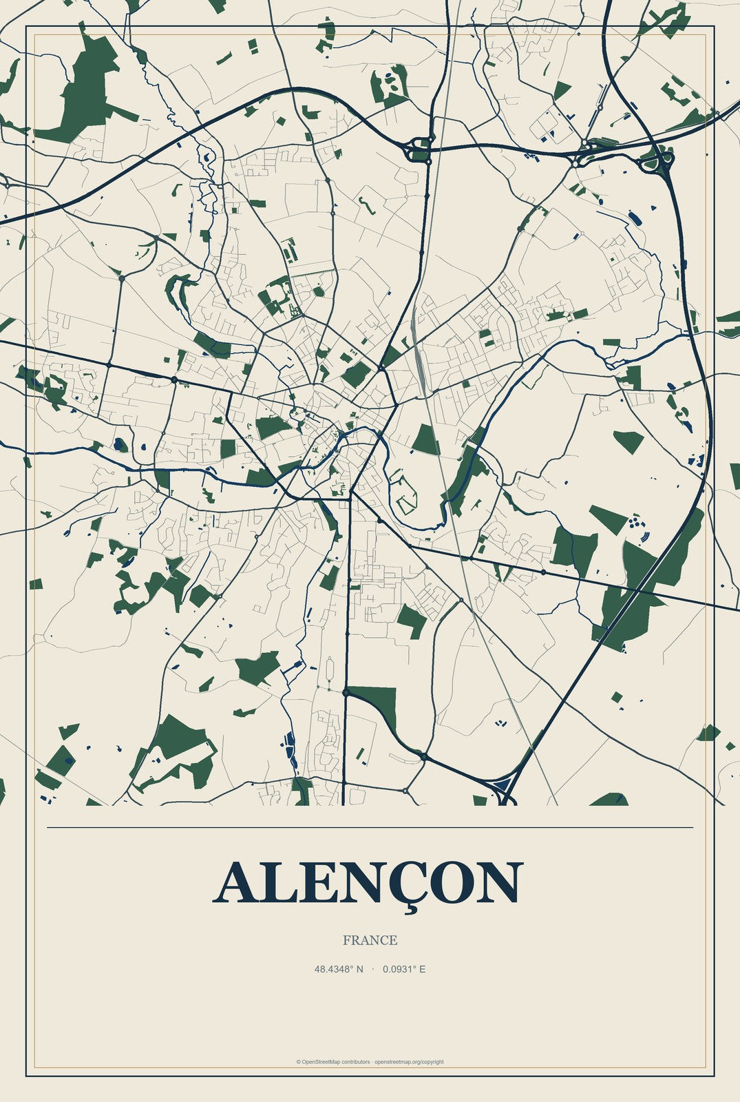 Alençon, France City Map Aluminum Sign in Coastal Cutout style