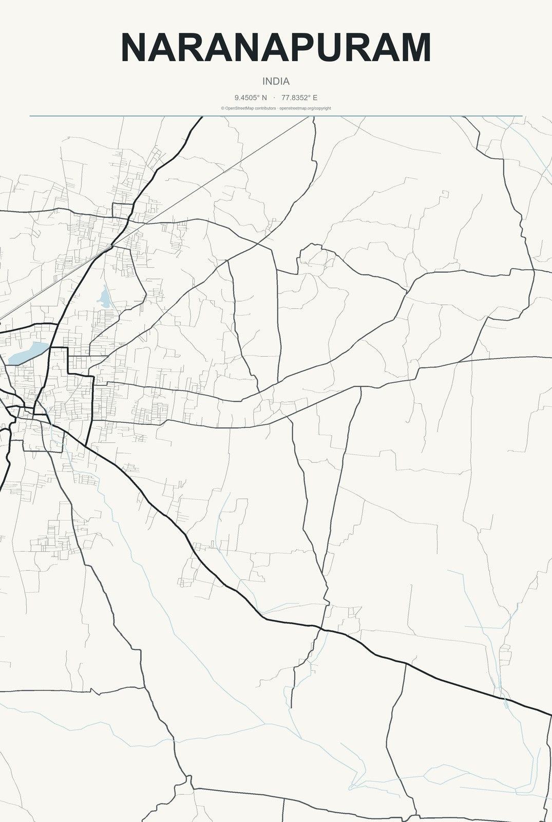 Naranapuram, India City Map Aluminum Sign in Headline Atlas style