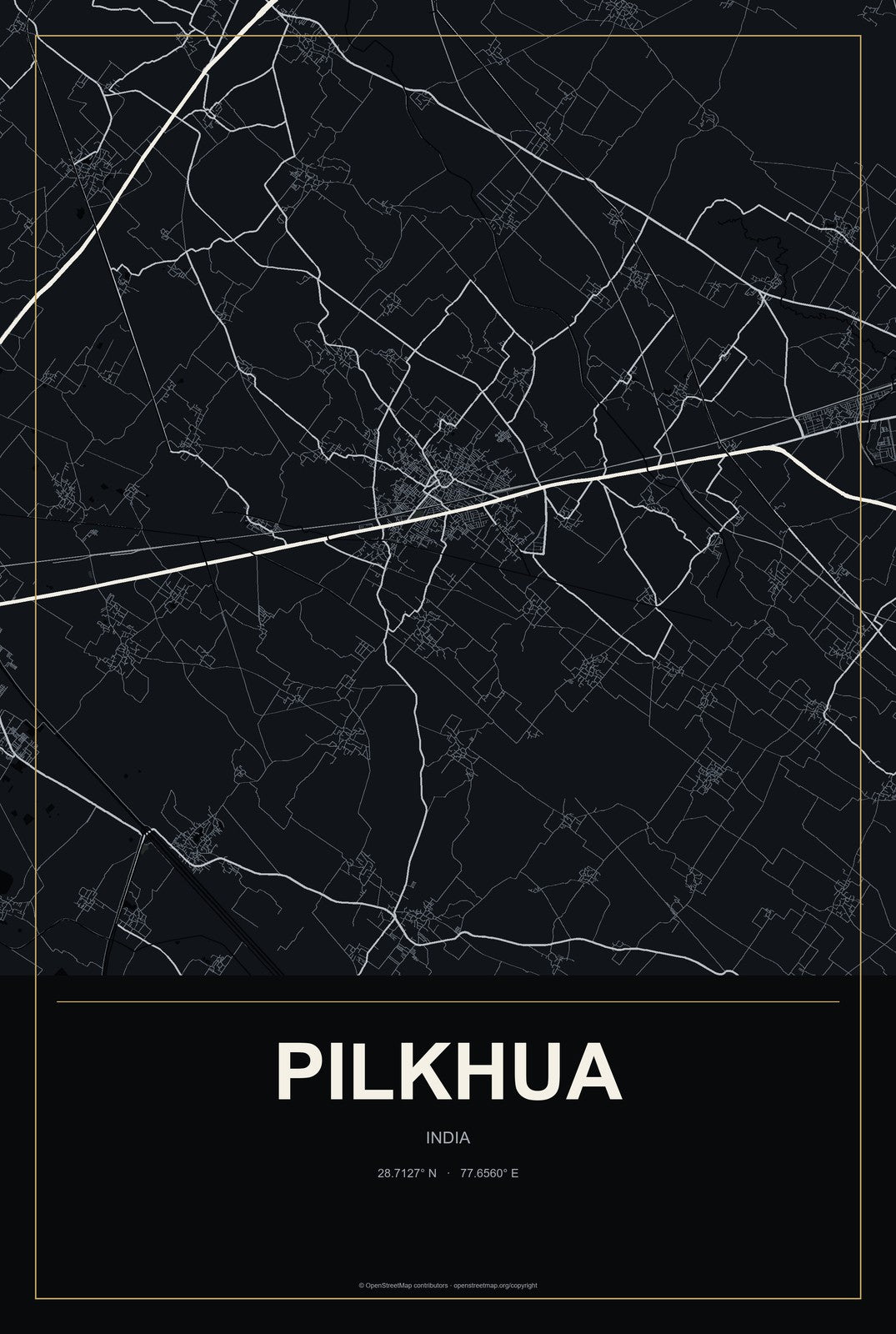 Pilkhua, India City Map Aluminum Sign in Metropolitan Noir style