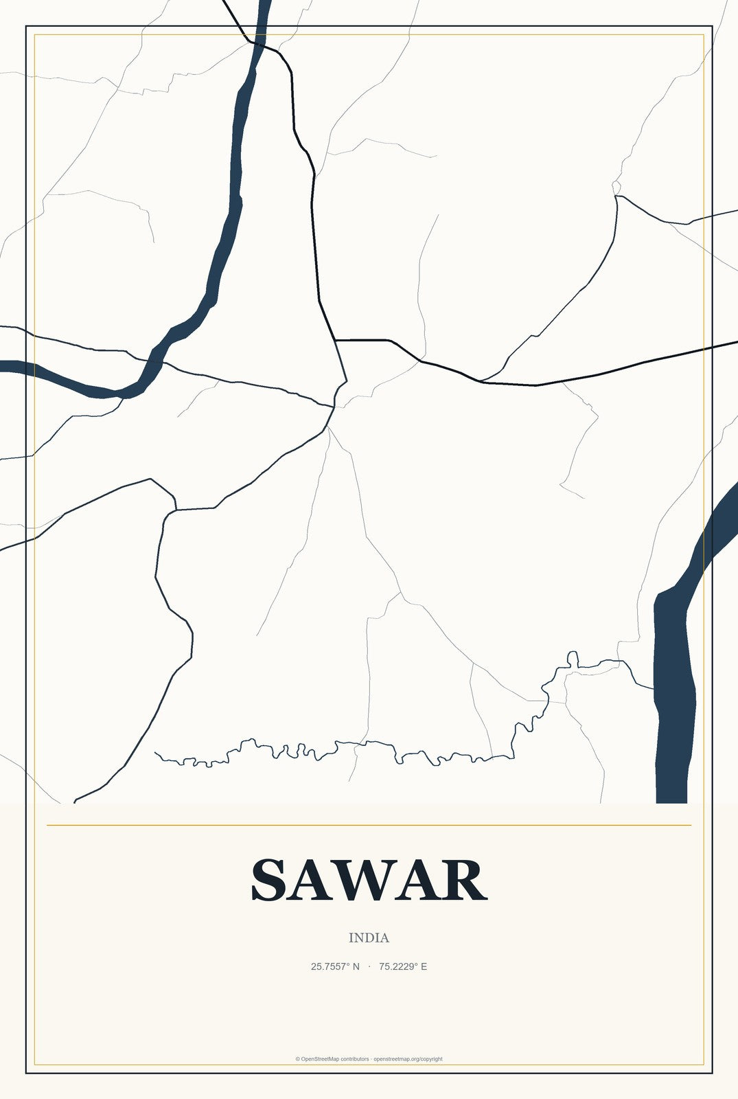 Sawar, India City Map Aluminum Sign in Citrine Modern style