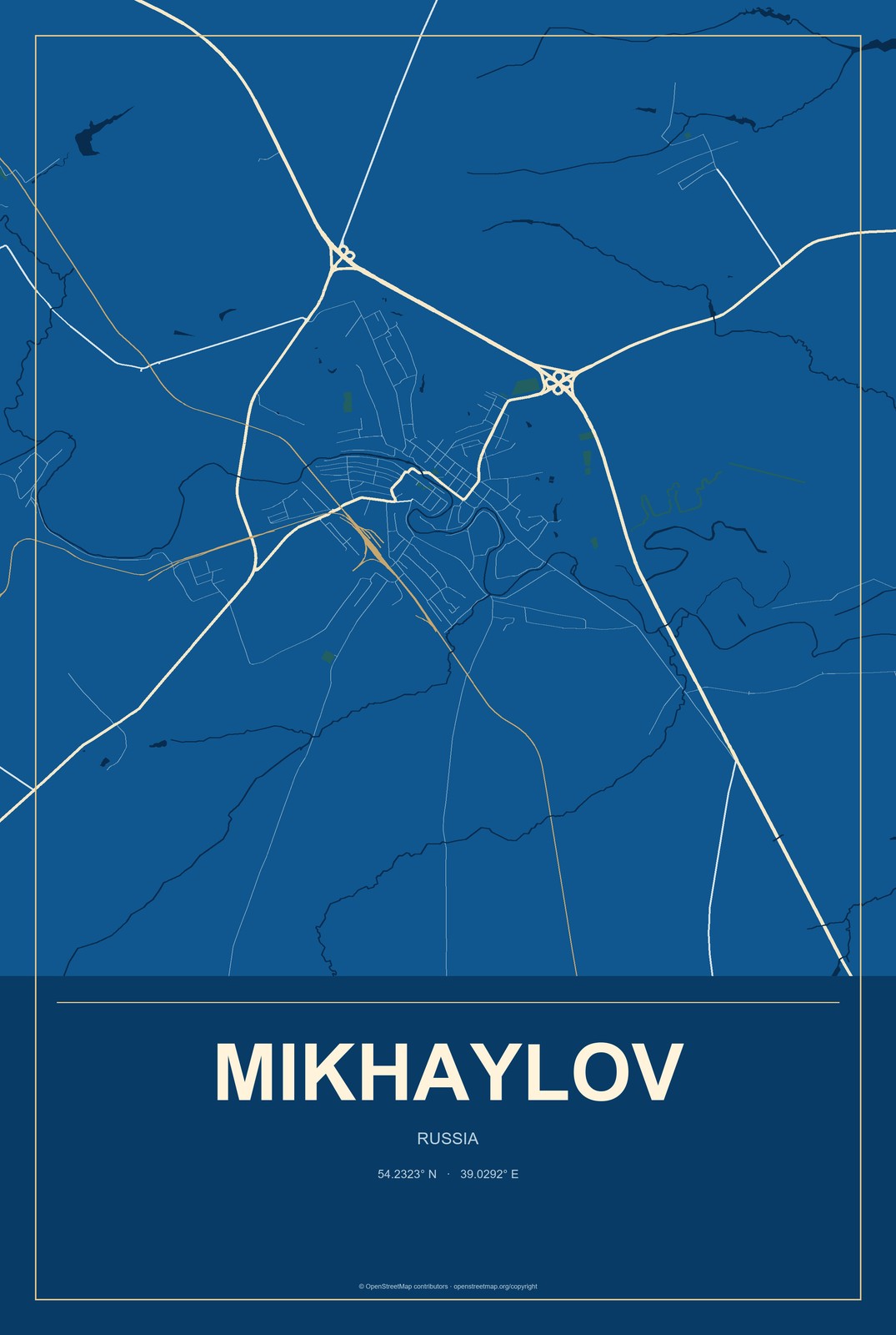 Mikhaylov, Russia City Map Aluminum Sign in Harbor Cobalt style