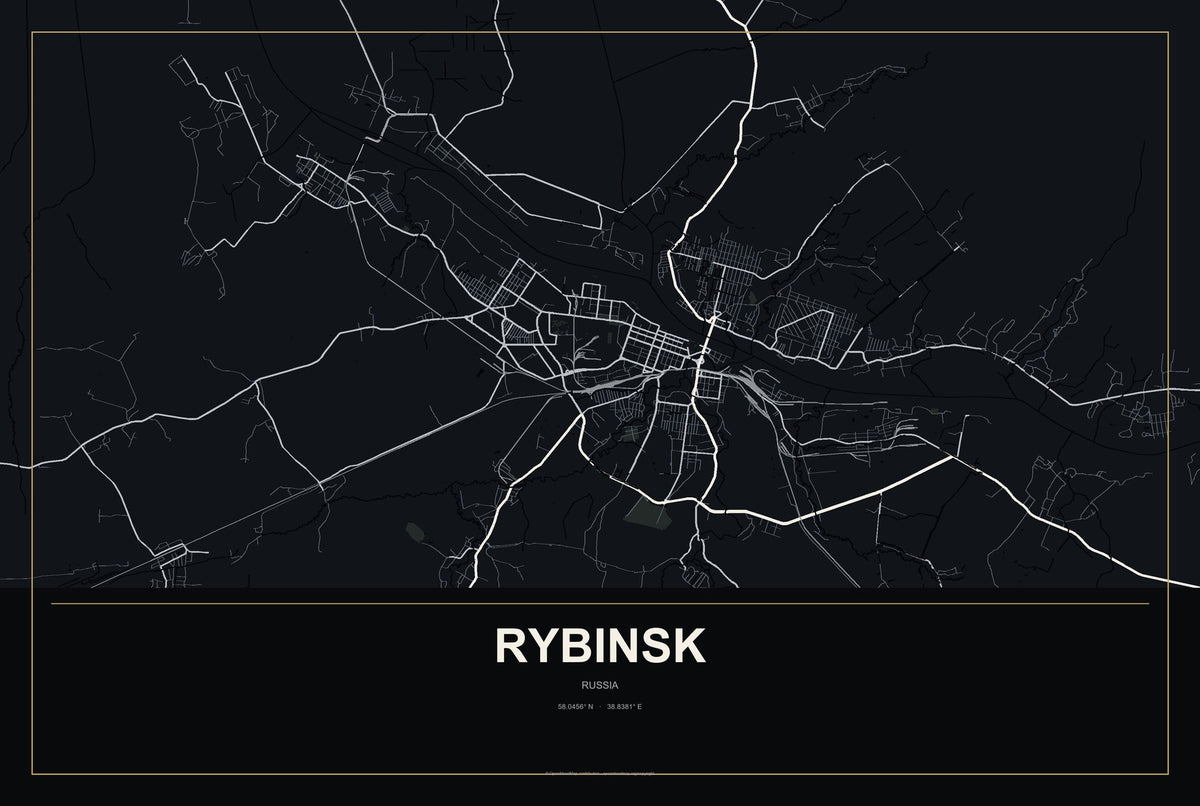 Rybinsk, Russia City Map Aluminum Sign in Metropolitan Noir style