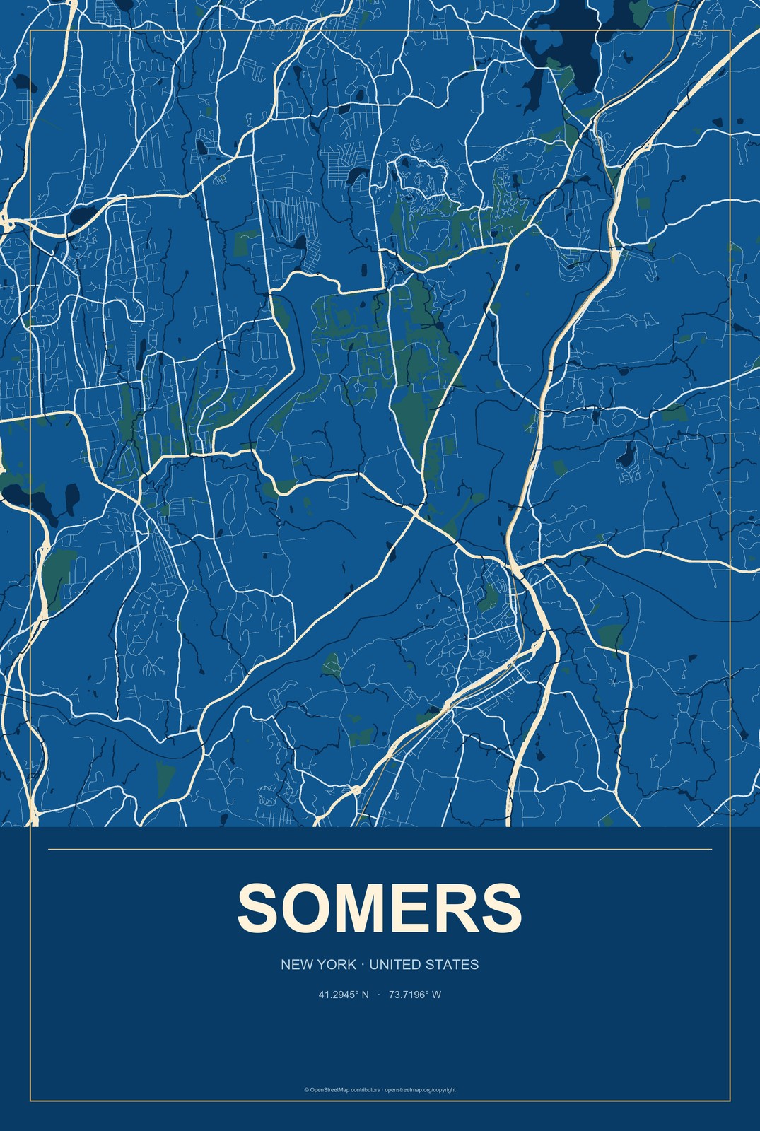 Somers, New York City Map Aluminum Sign in Harbor Cobalt style