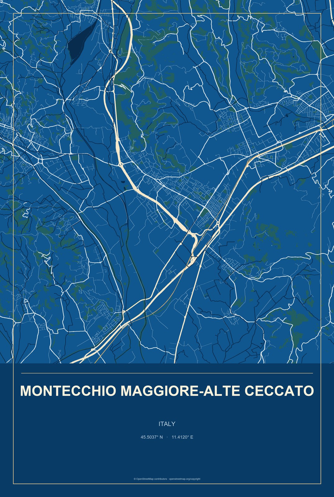 Montecchio Maggiore-Alte Ceccato, Italy City Map Aluminum Sign in Harbor Cobalt style