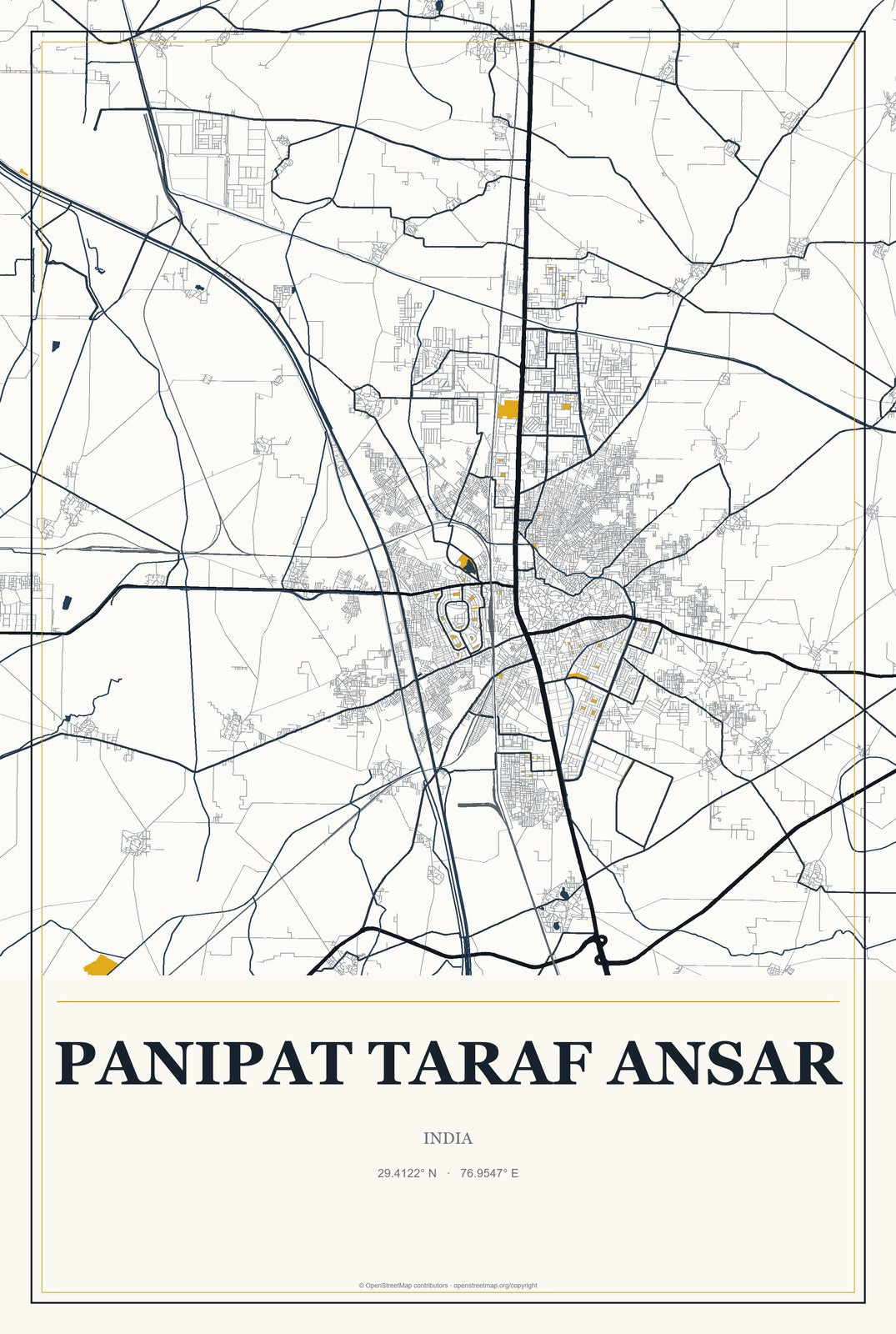 Panipat Taraf Ansar, India City Map Aluminum Sign in Citrine Modern style