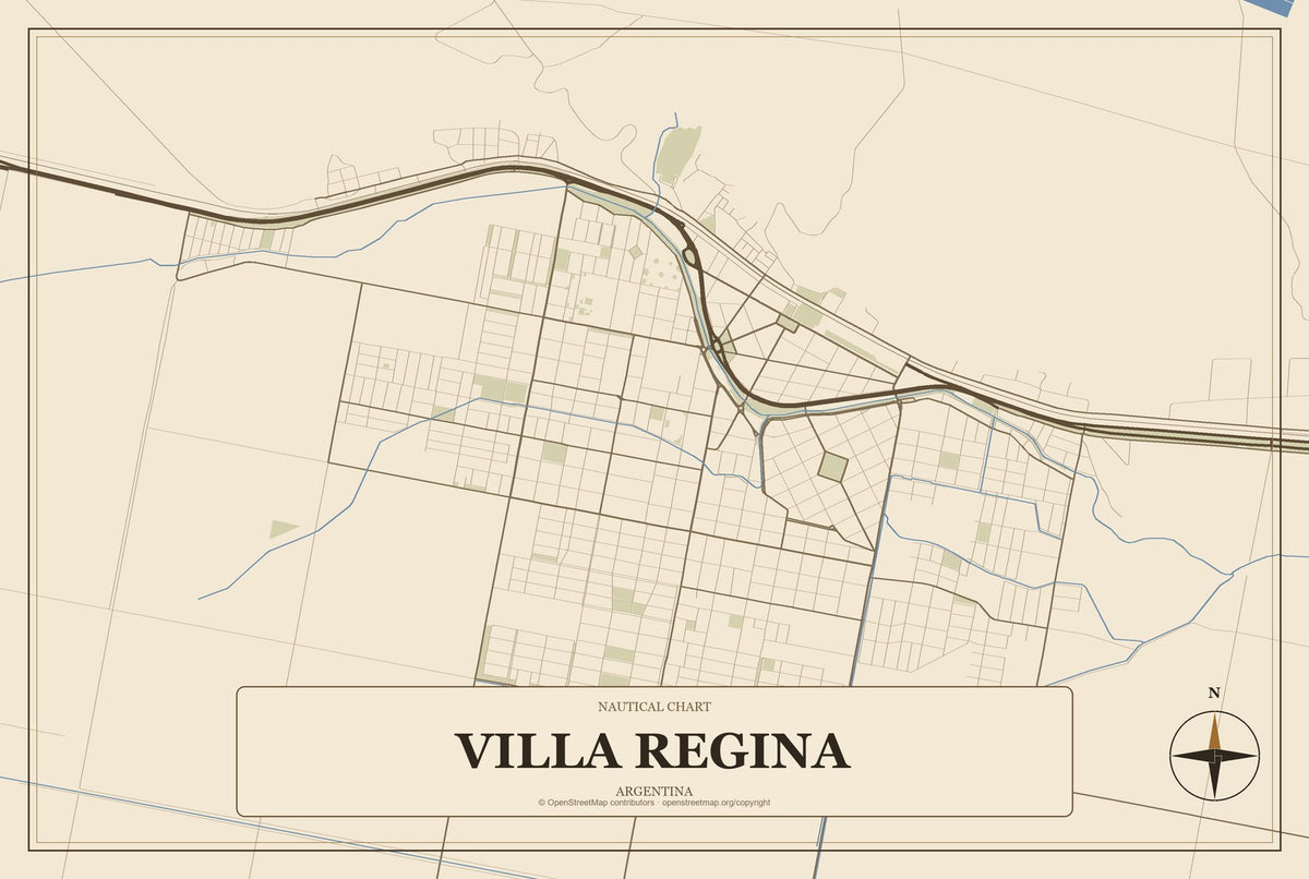 Villa Regina, Argentina City Map Aluminum Sign in Heritage Nautical style
