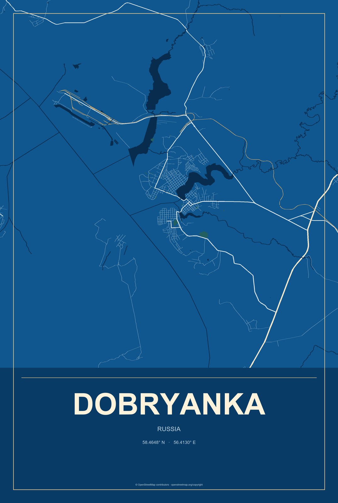 Dobryanka, Russia City Map Aluminum Sign in Harbor Cobalt style