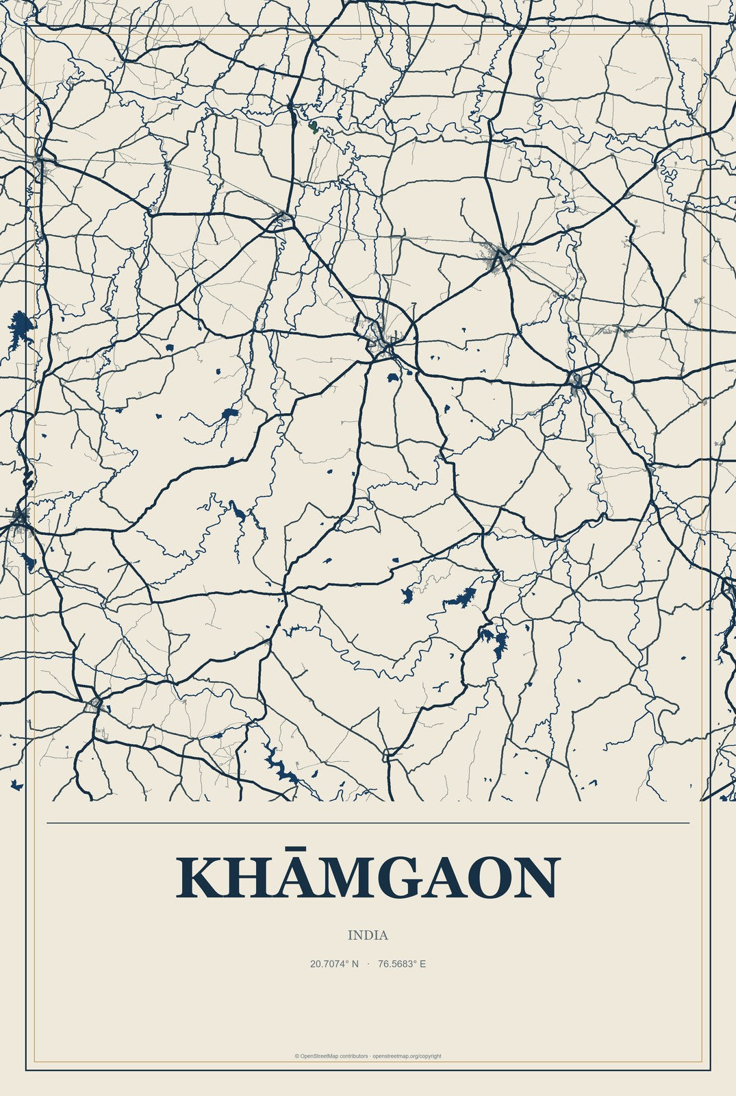 Khāmgaon, India City Map Aluminum Sign in Coastal Cutout style