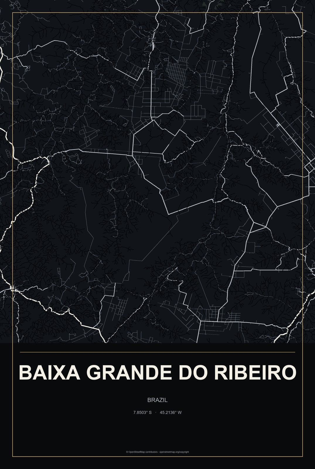 Baixa Grande do Ribeiro, Brazil City Map Aluminum Sign in Metropolitan Noir style