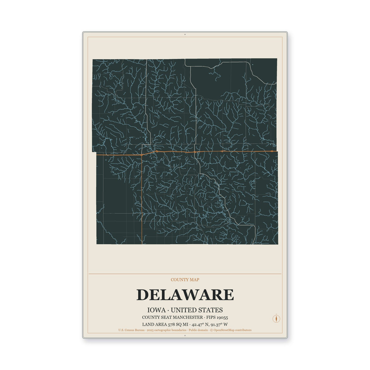 Delaware County, Iowa Map Aluminum Sign in Headline Atlas style