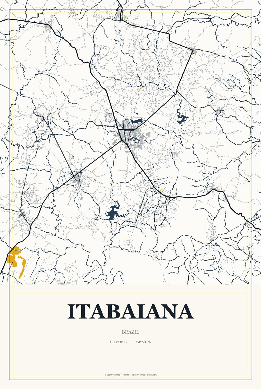 Itabaiana, Paraíba, Brazil City Map Aluminum Sign in Citrine Modern style