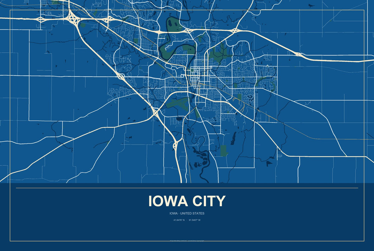 Iowa City, Iowa City Map Aluminum Sign in Harbor Cobalt style