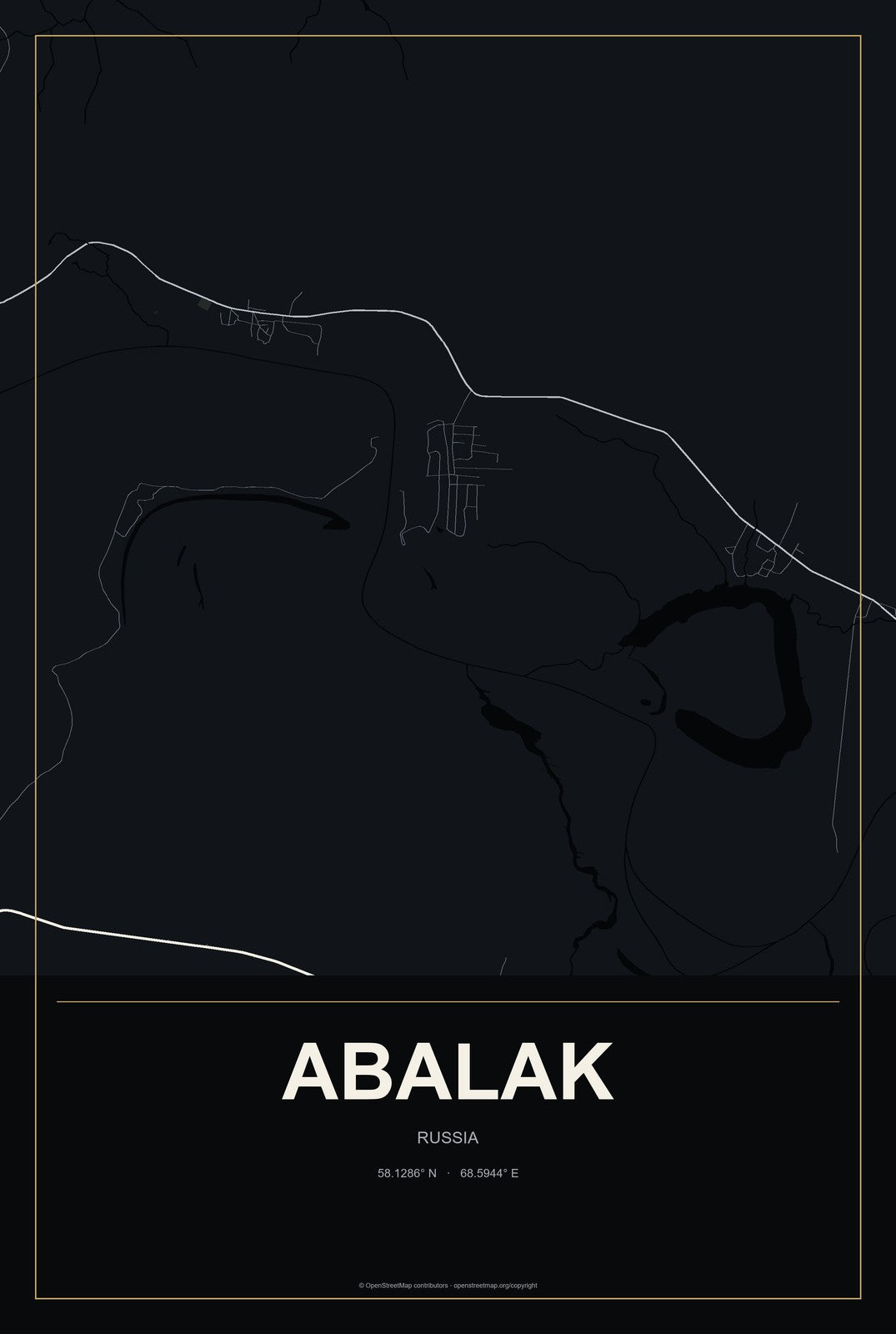 Abalak, Russia City Map Aluminum Sign in Metropolitan Noir style