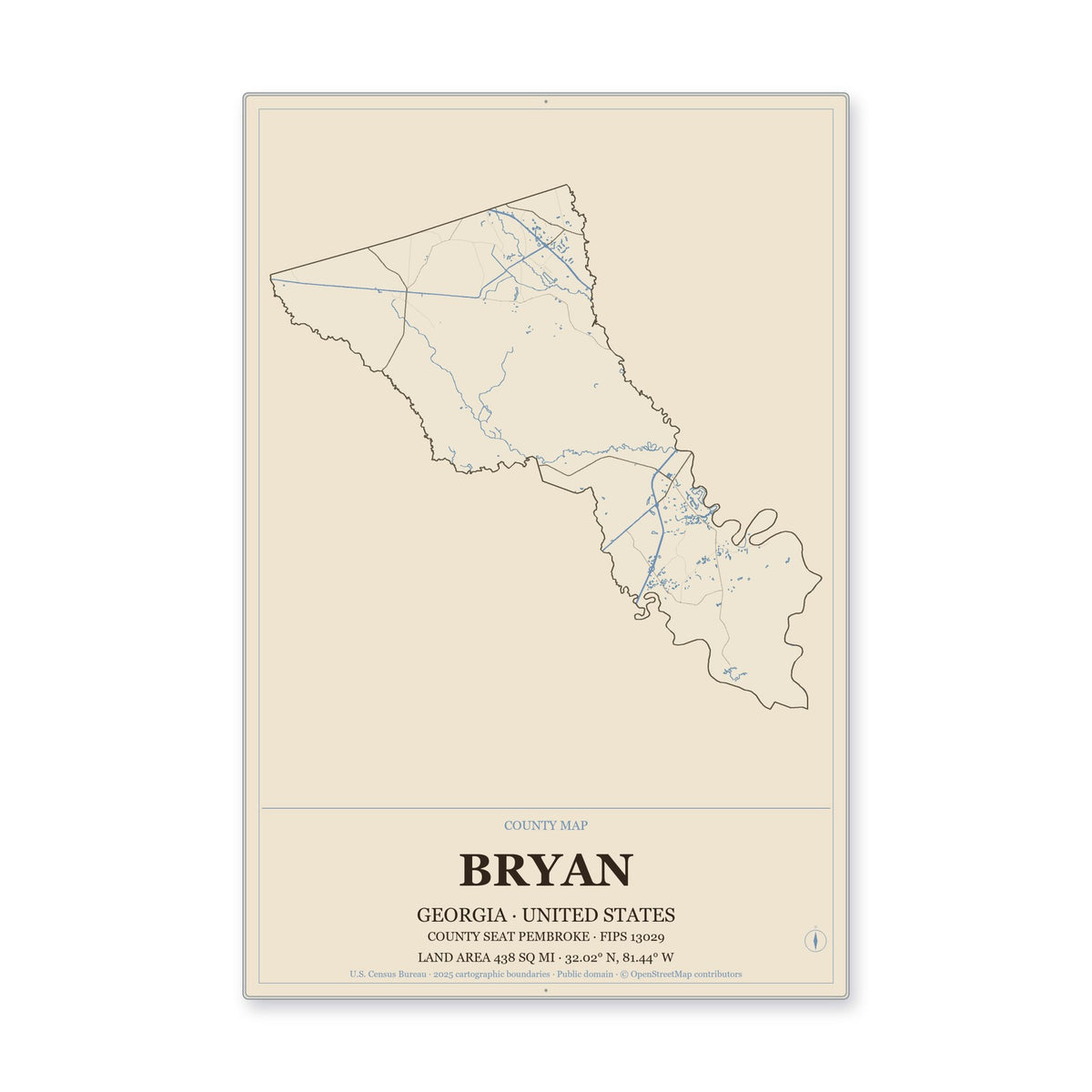 Bryan County, Georgia Map Aluminum Sign in Heritage Nautical style