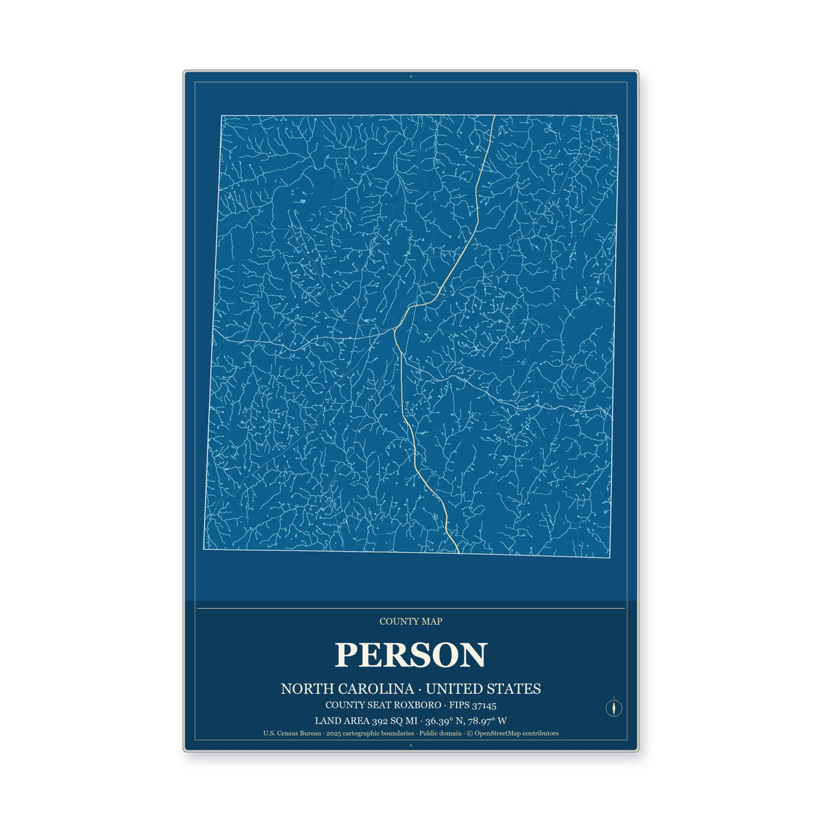Person County, North Carolina Map Aluminum Sign in Harbor Cobalt style