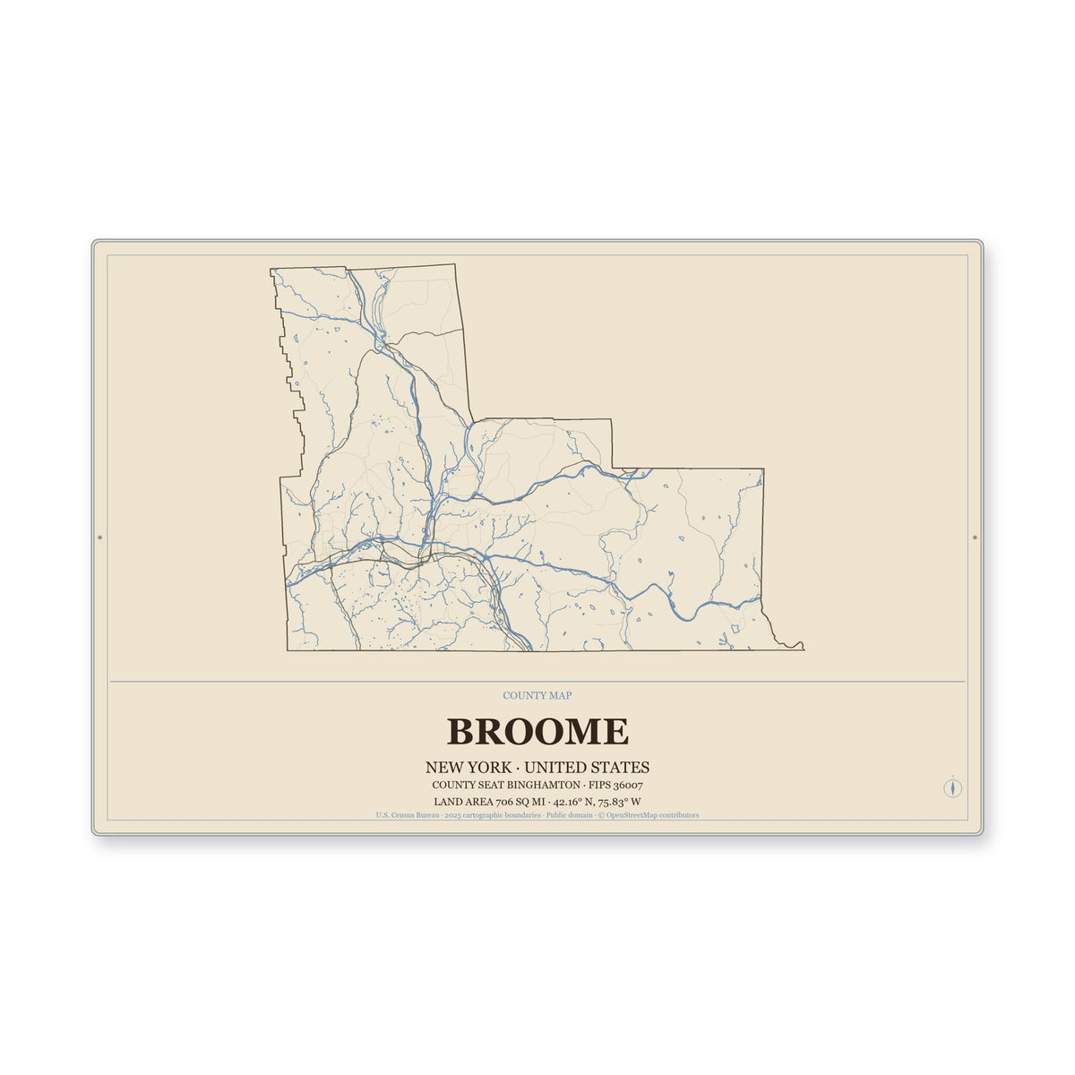 Broome County, New York Map Aluminum Sign in Heritage Nautical style