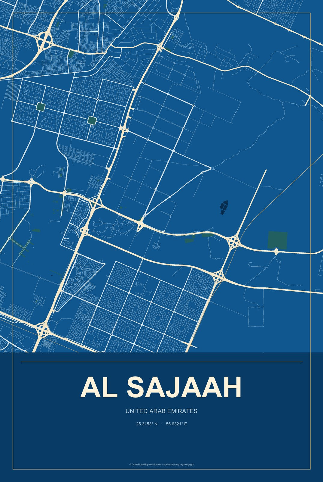 Al Sajaah, United Arab Emirates City Map Aluminum Sign in Harbor Cobalt style