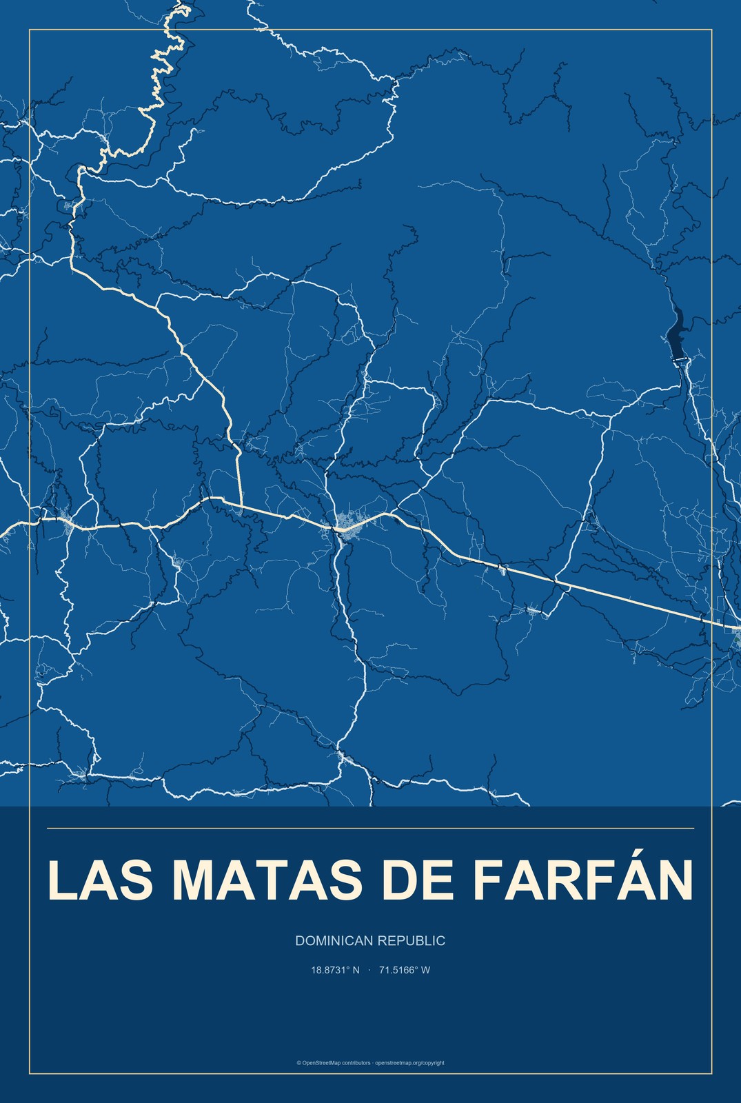 Las Matas de Farfán, Dominican Republic City Map Aluminum Sign in Harbor Cobalt style