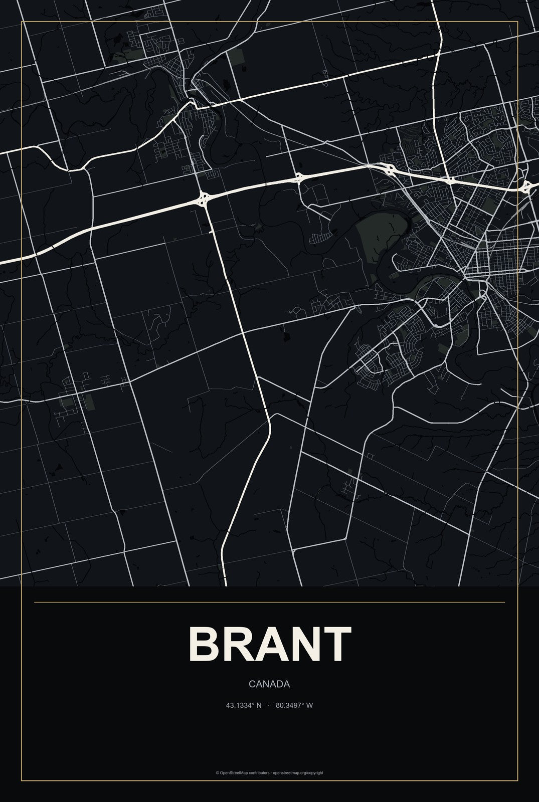 Brant, Canada City Map Aluminum Sign in Metropolitan Noir style