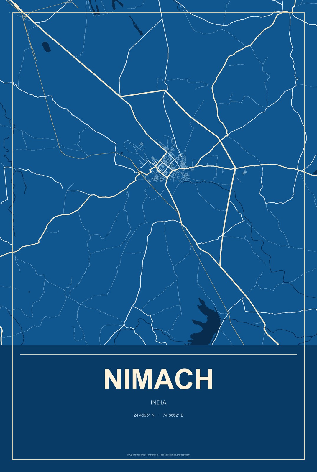 Nimach, India City Map Aluminum Sign in Harbor Cobalt style