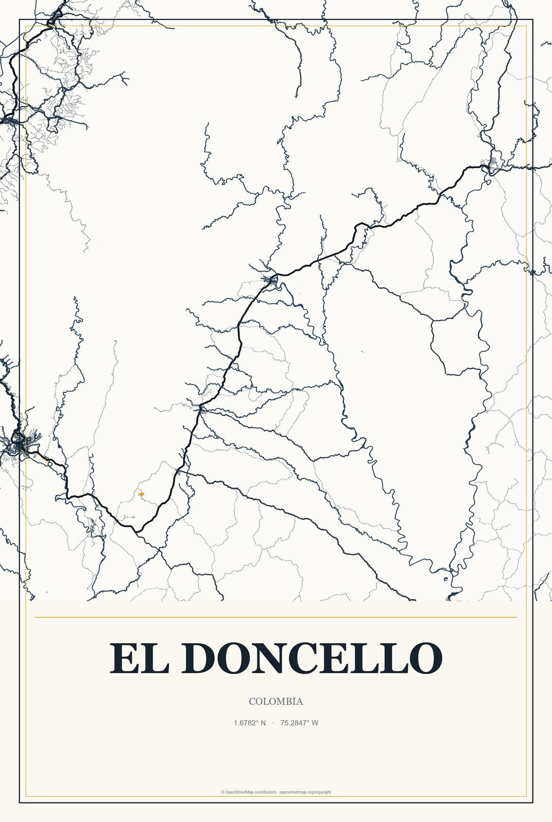 El Doncello, Colombia City Map Aluminum Sign in Citrine Modern style