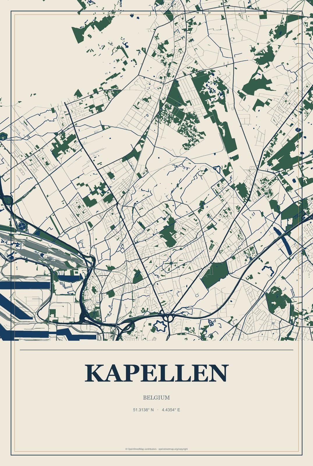 Kapellen, Belgium City Map Aluminum Sign in Coastal Cutout style