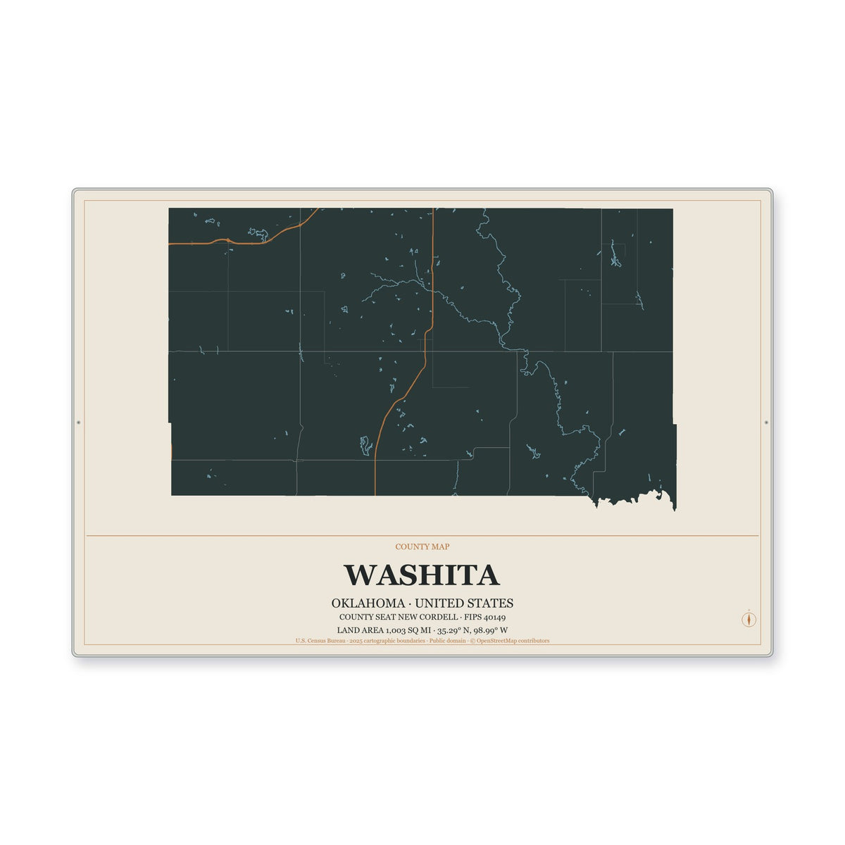 Washita County, Oklahoma Map Aluminum Sign in Headline Atlas style