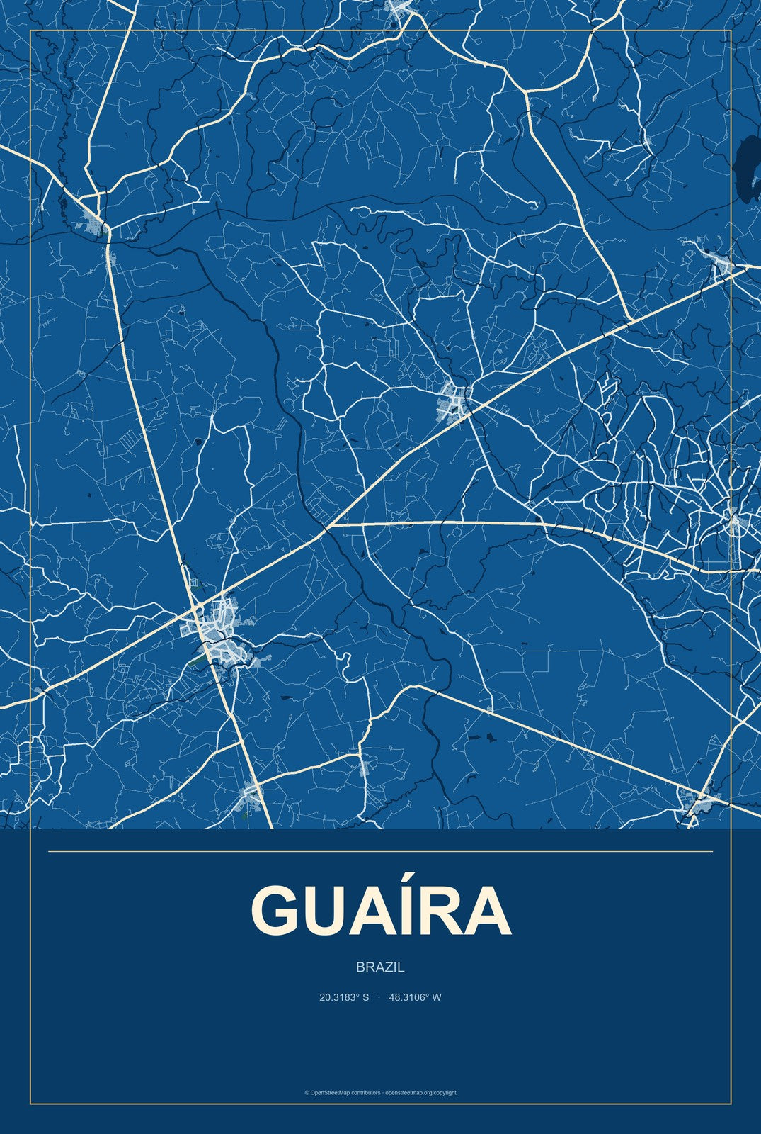 Guaíra, São Paulo, Brazil City Map Aluminum Sign in Harbor Cobalt style
