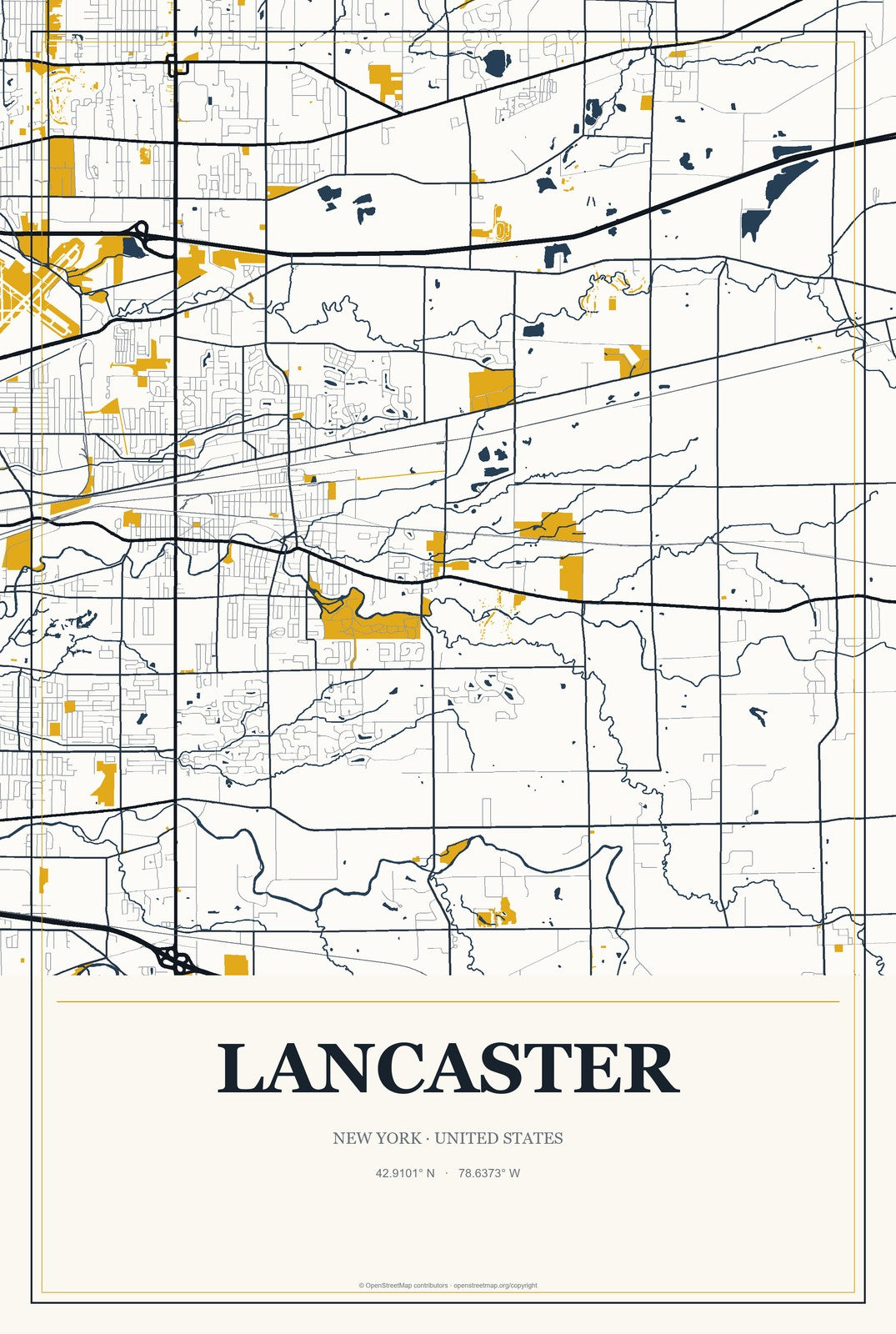 Lancaster, New York City Map Aluminum Sign in Citrine Modern style