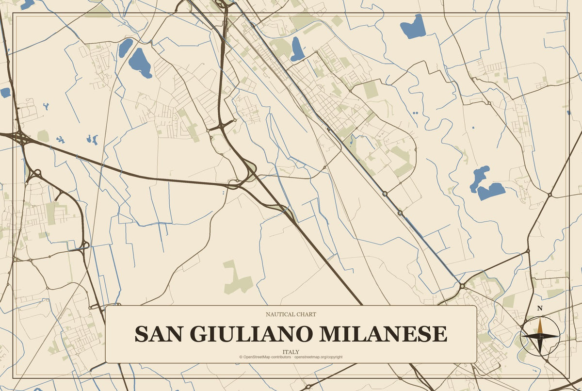 San Giuliano Milanese, Italy City Map Aluminum Sign in Heritage Nautical style
