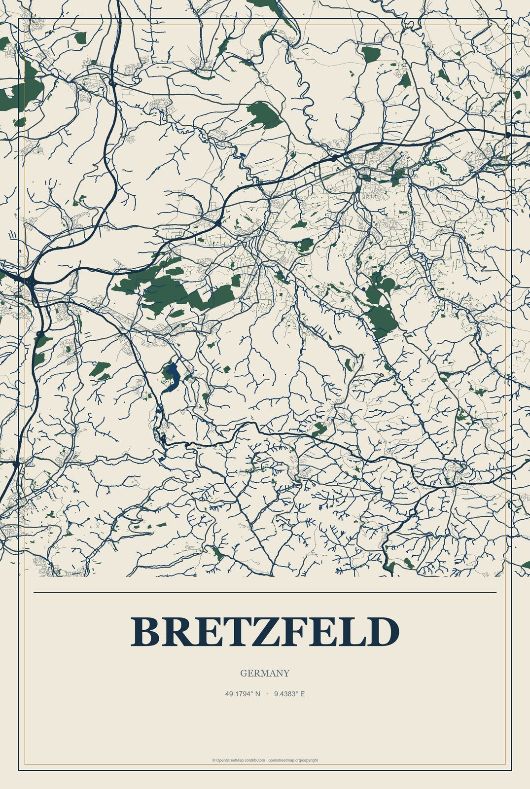 Bretzfeld, Germany City Map Aluminum Sign in Coastal Cutout style