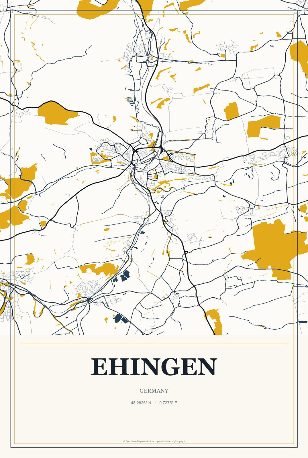 Ehingen, Germany City Map Aluminum Sign in Citrine Modern style