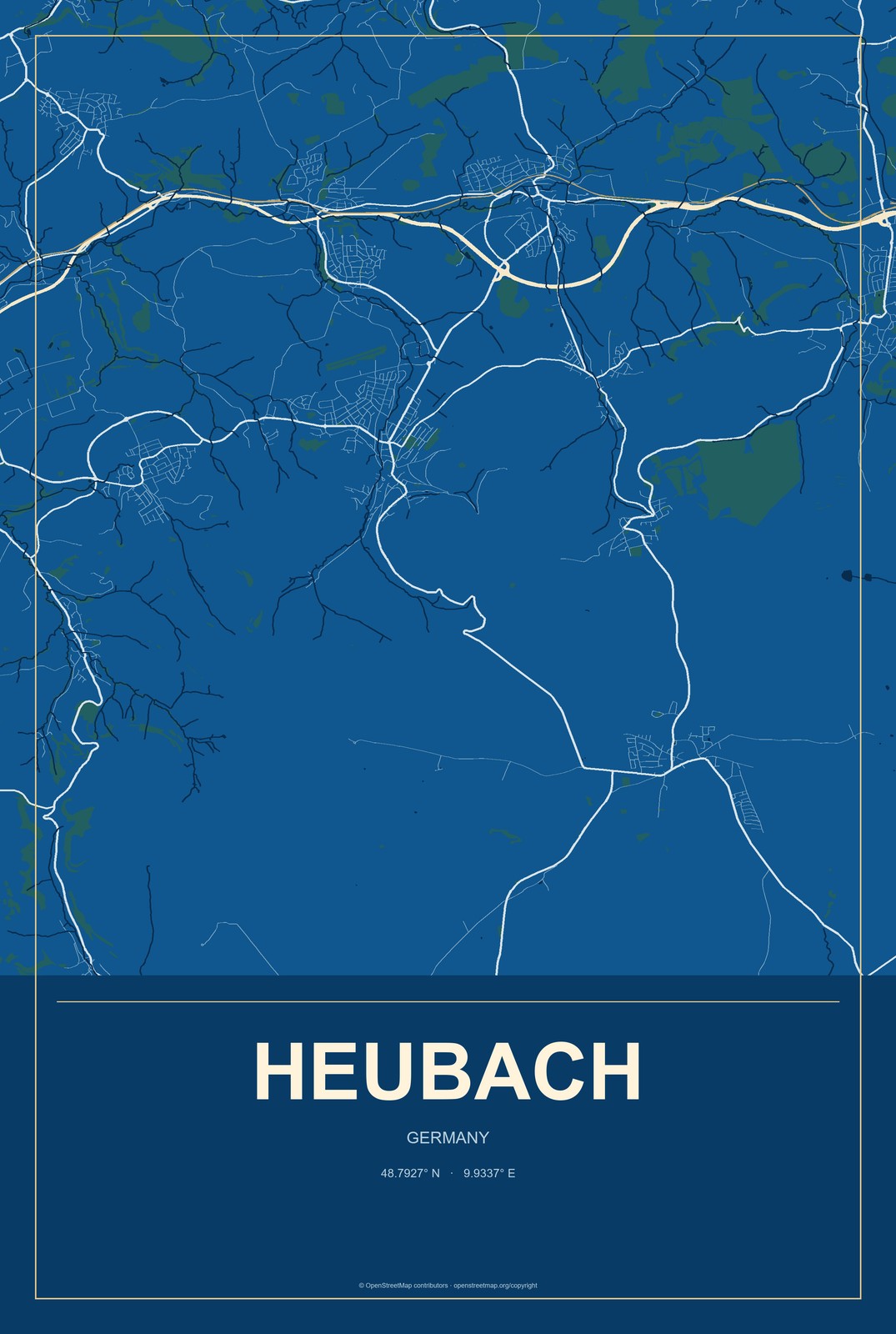 Heubach, Germany City Map Aluminum Sign in Harbor Cobalt style
