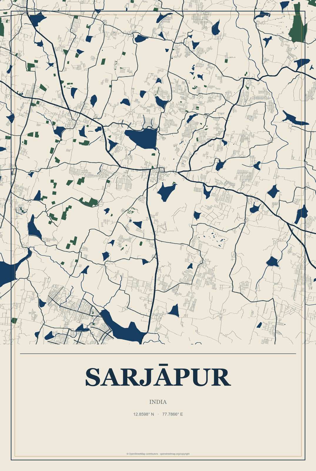 Sarjāpur, India City Map Aluminum Sign in Coastal Cutout style