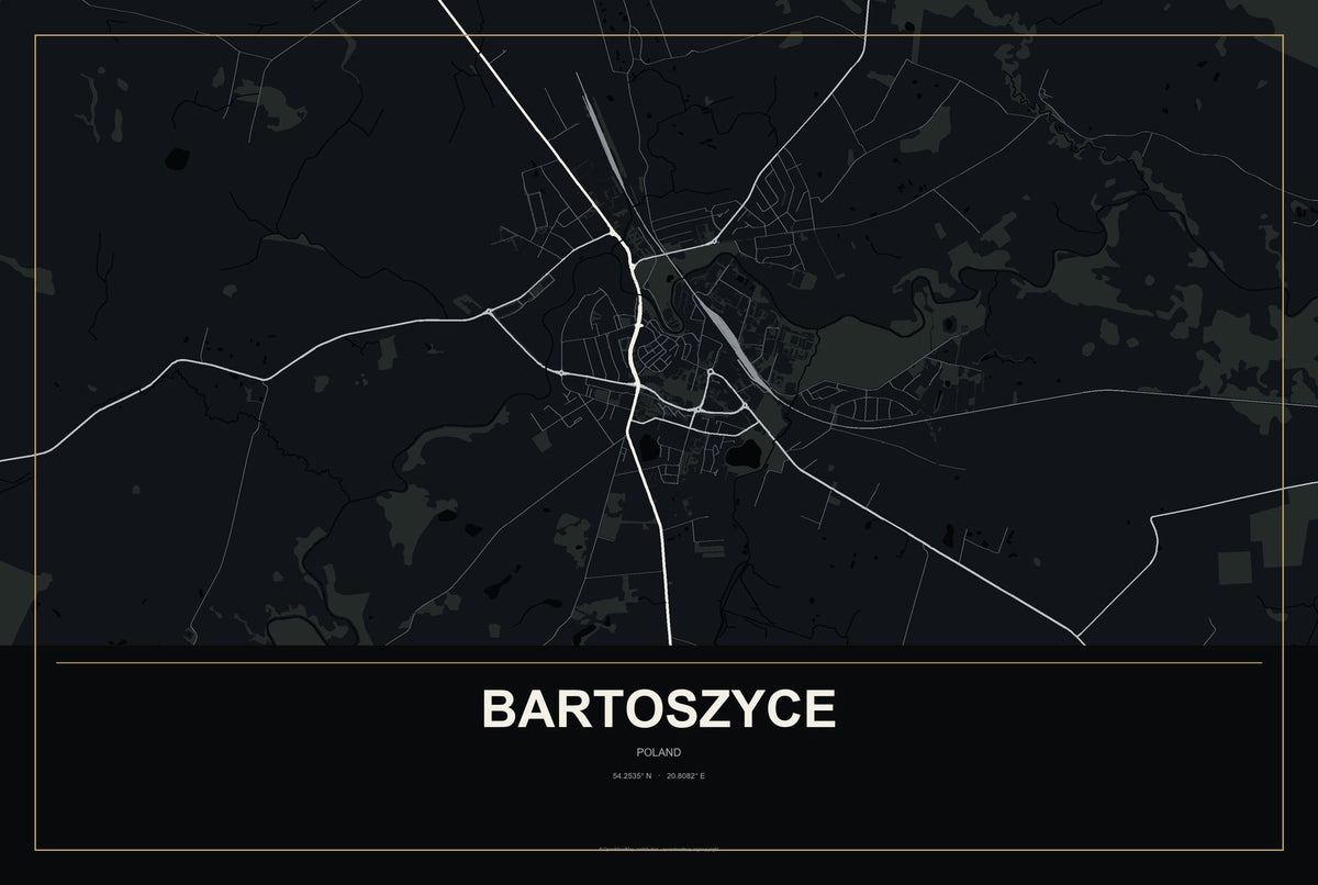Bartoszyce, Poland City Map Aluminum Sign in Metropolitan Noir style