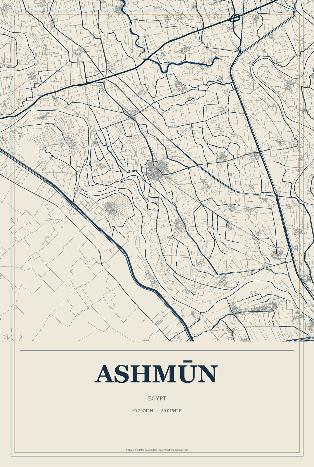 Ashmūn, Egypt City Map Aluminum Sign in Coastal Cutout style