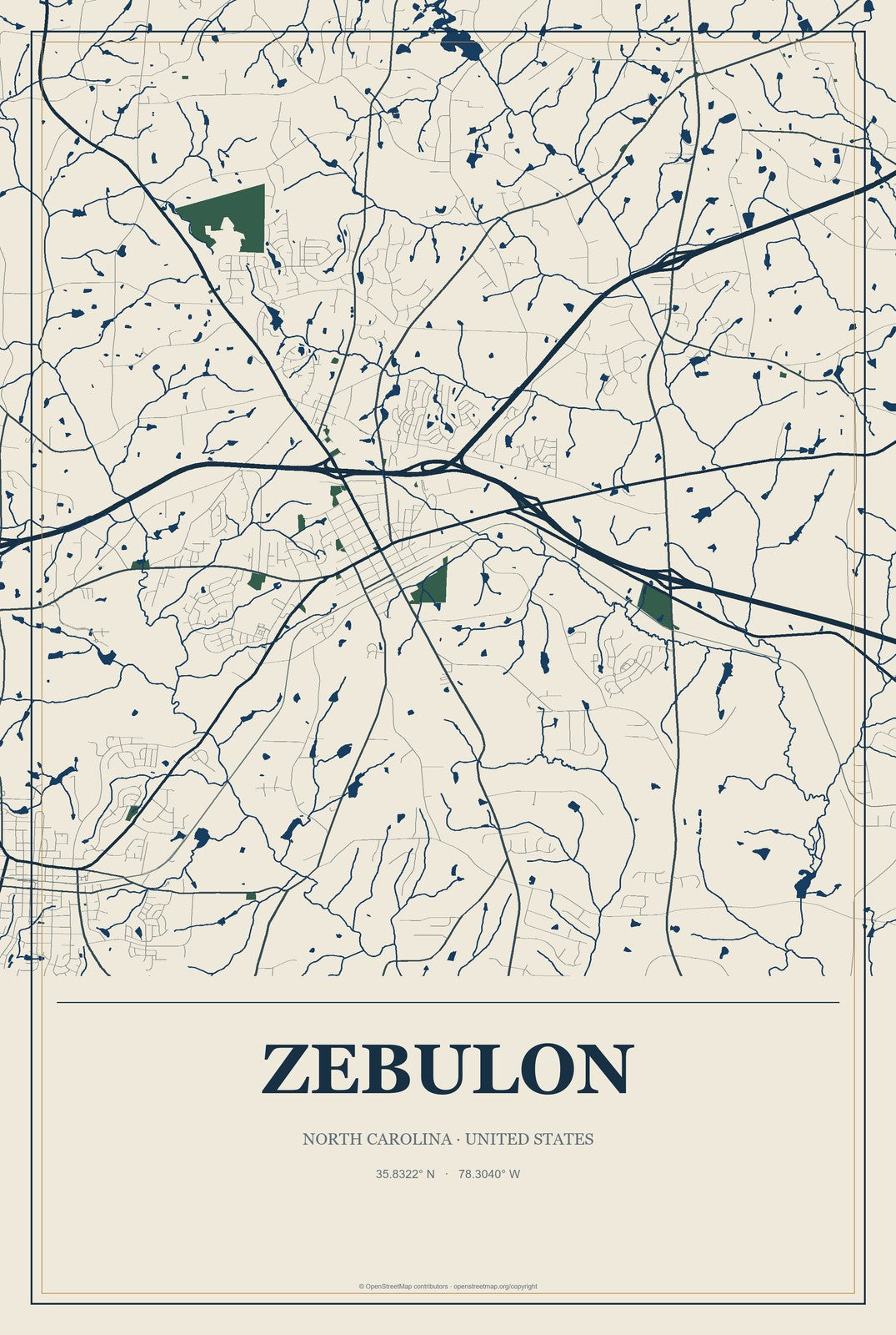Zebulon, North Carolina City Map Aluminum Sign in Coastal Cutout style