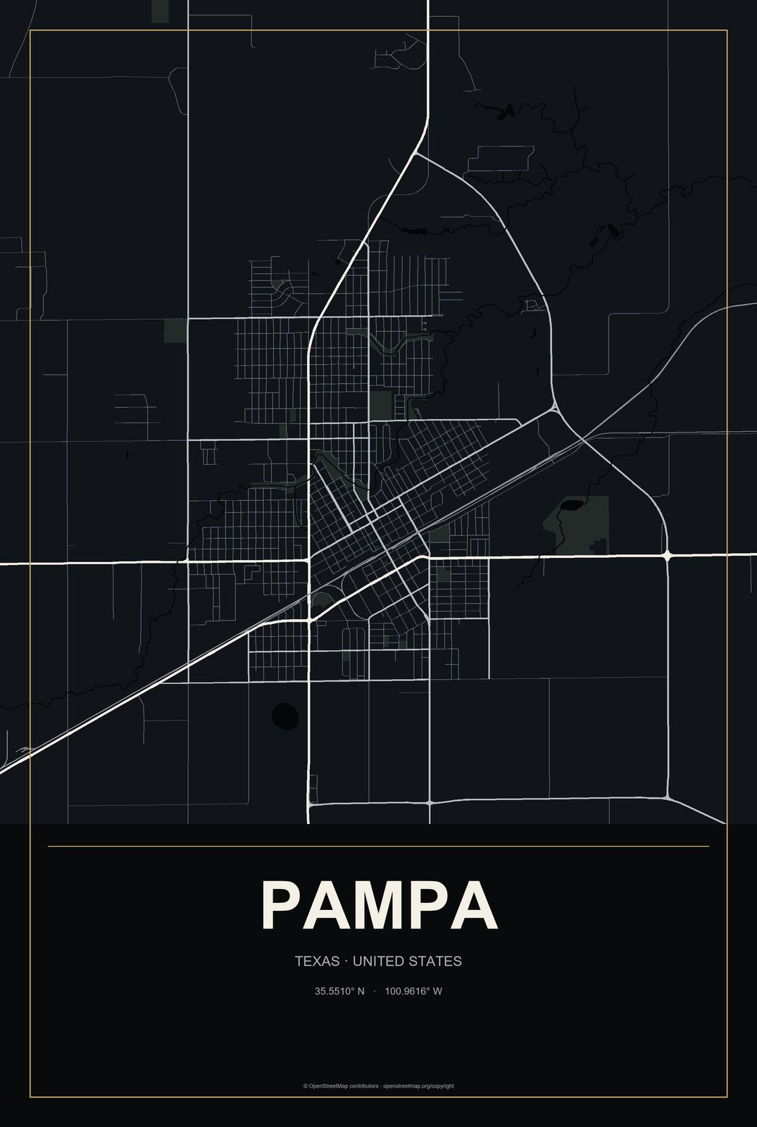 Pampa, Texas City Map Aluminum Sign in Metropolitan Noir style