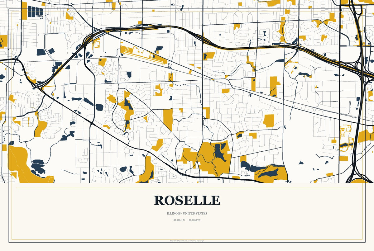Roselle, Illinois City Map Aluminum Sign in Citrine Modern style