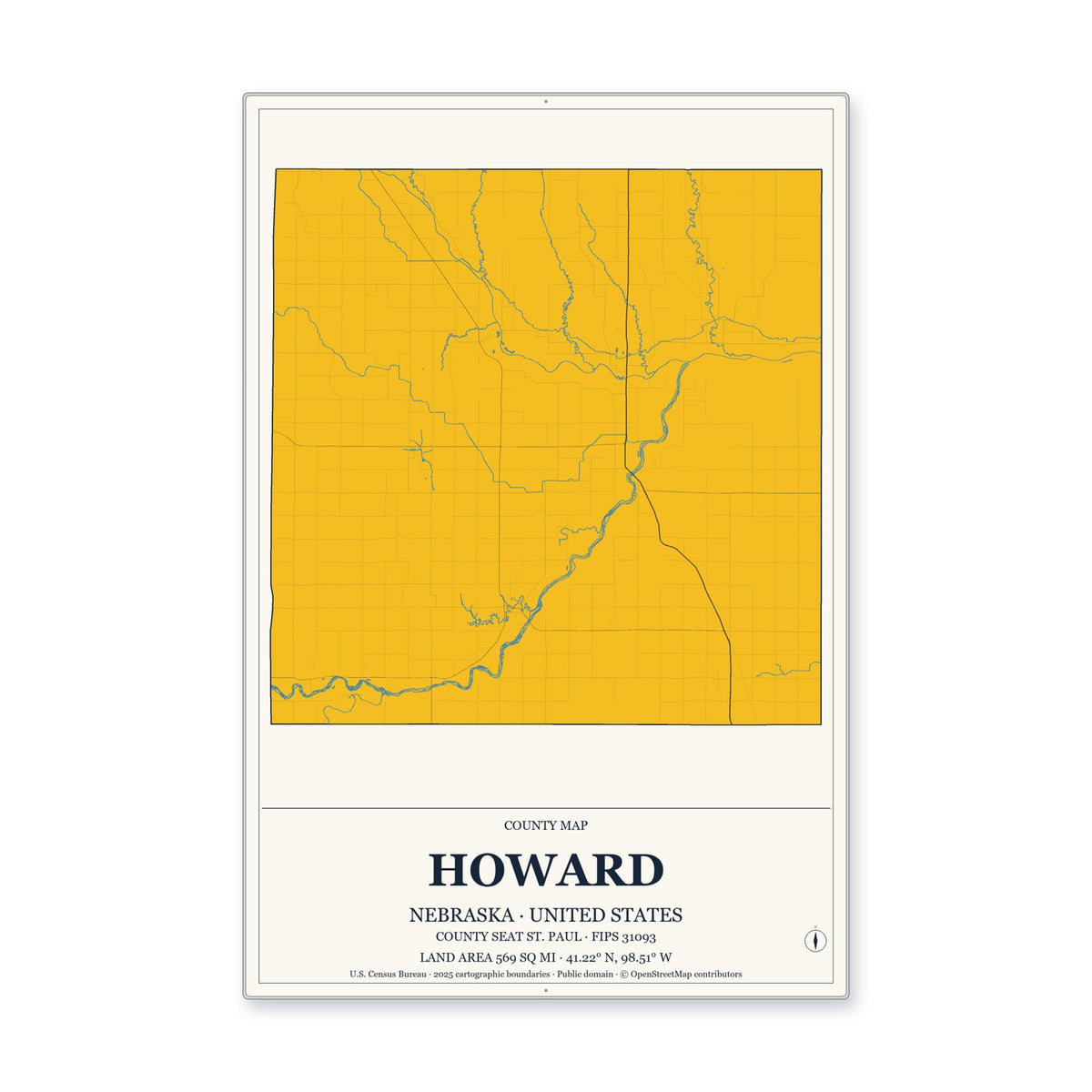 Howard County, Nebraska Map Aluminum Sign in Citrine Modern style