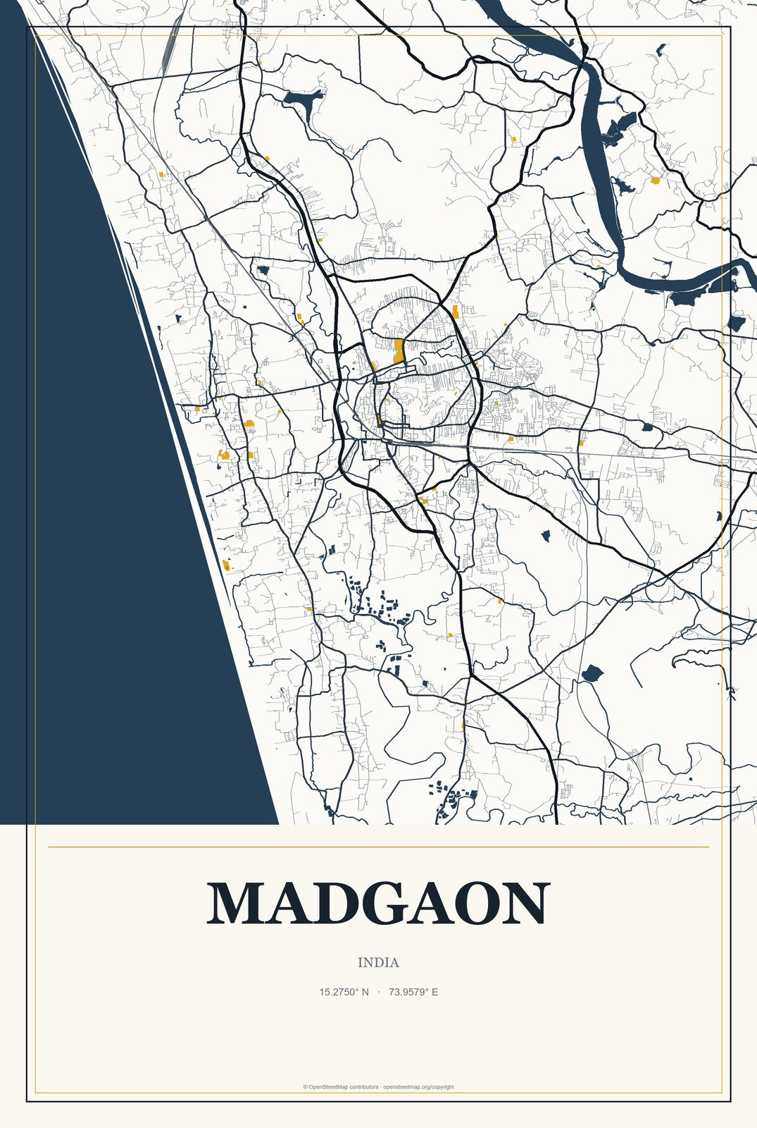 Madgaon, India City Map Aluminum Sign in Citrine Modern style