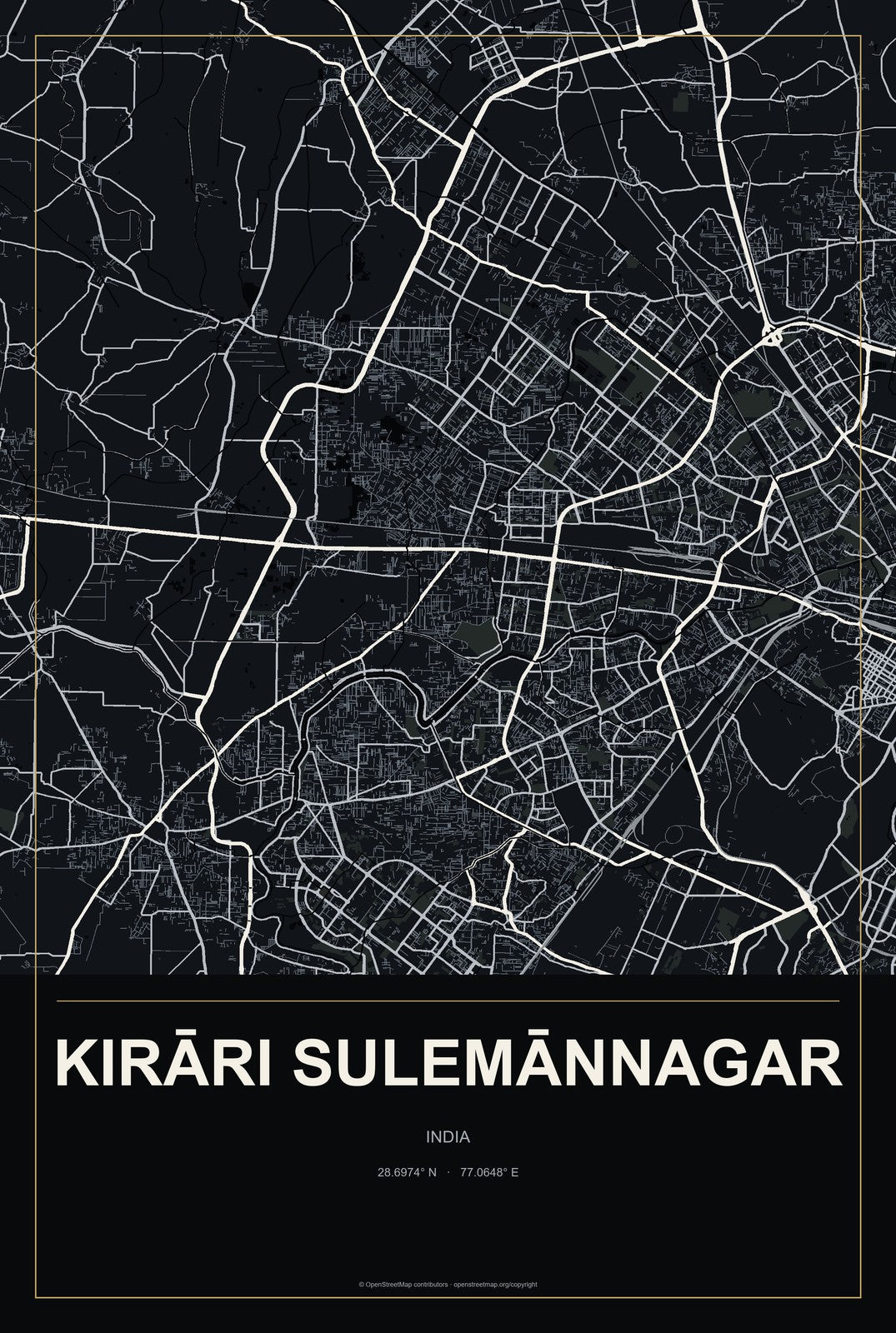 Kirāri Sulemānnagar, India City Map Aluminum Sign in Metropolitan Noir style