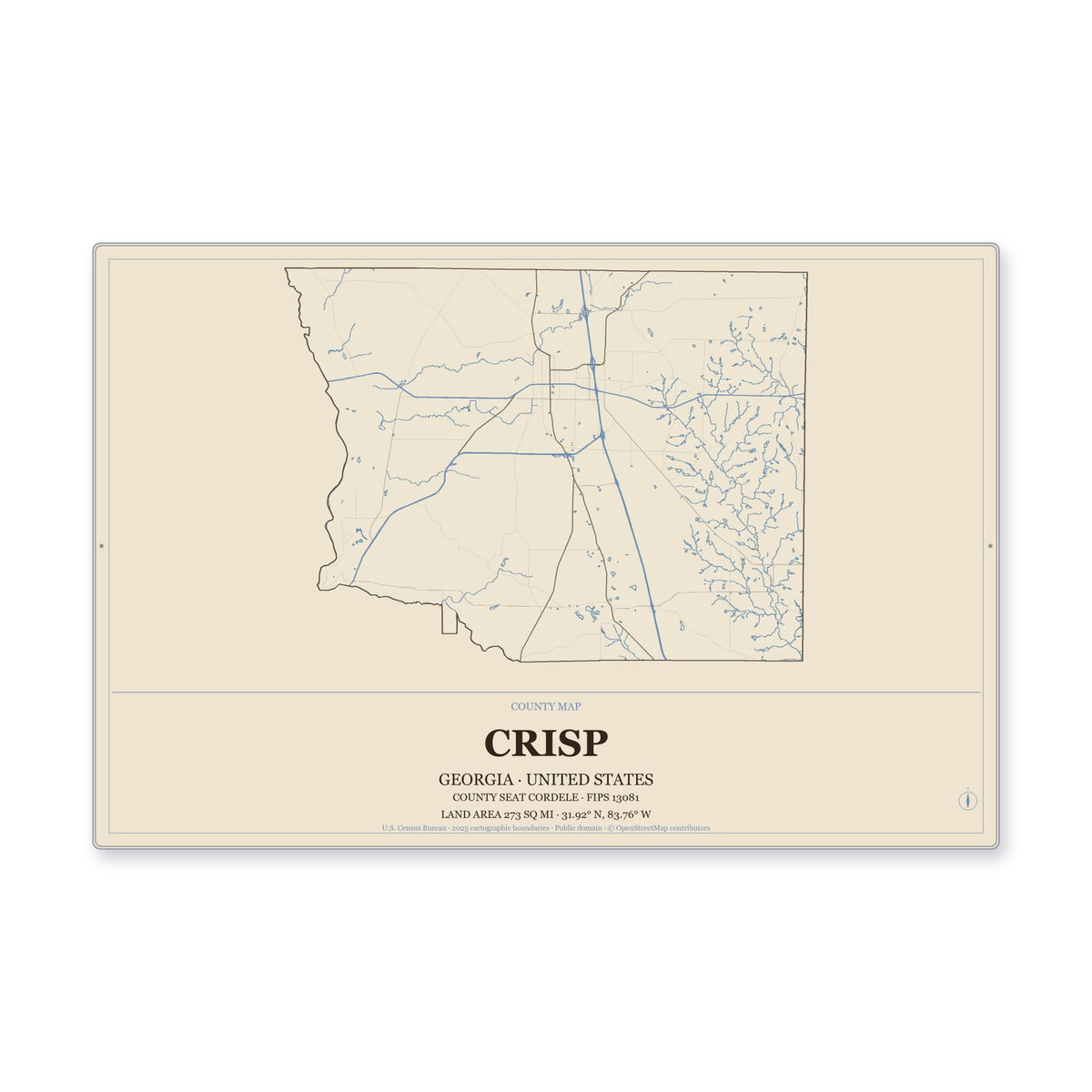 Crisp County, Georgia Map Aluminum Sign in Heritage Nautical style
