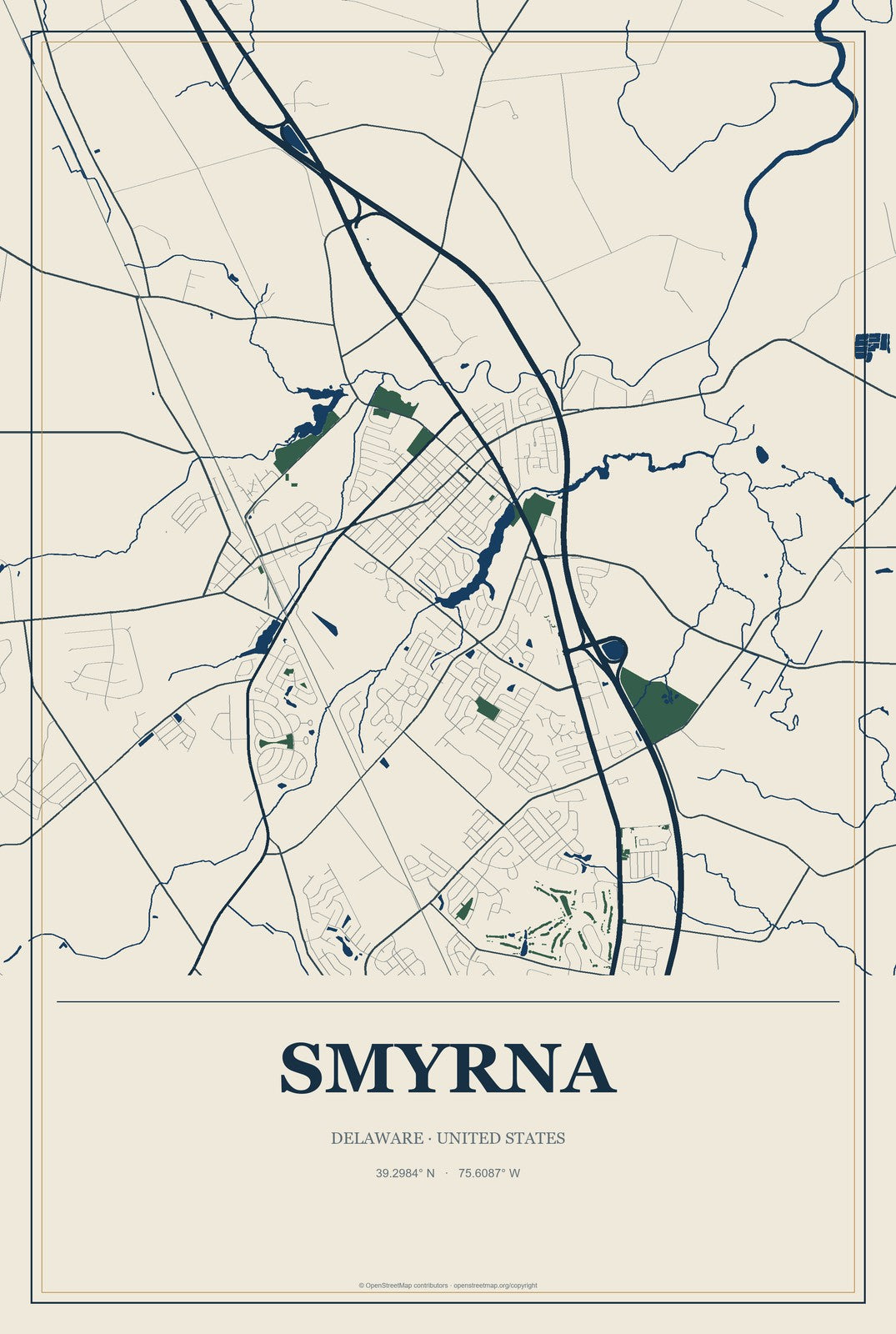 Smyrna, Delaware City Map Aluminum Sign in Coastal Cutout style