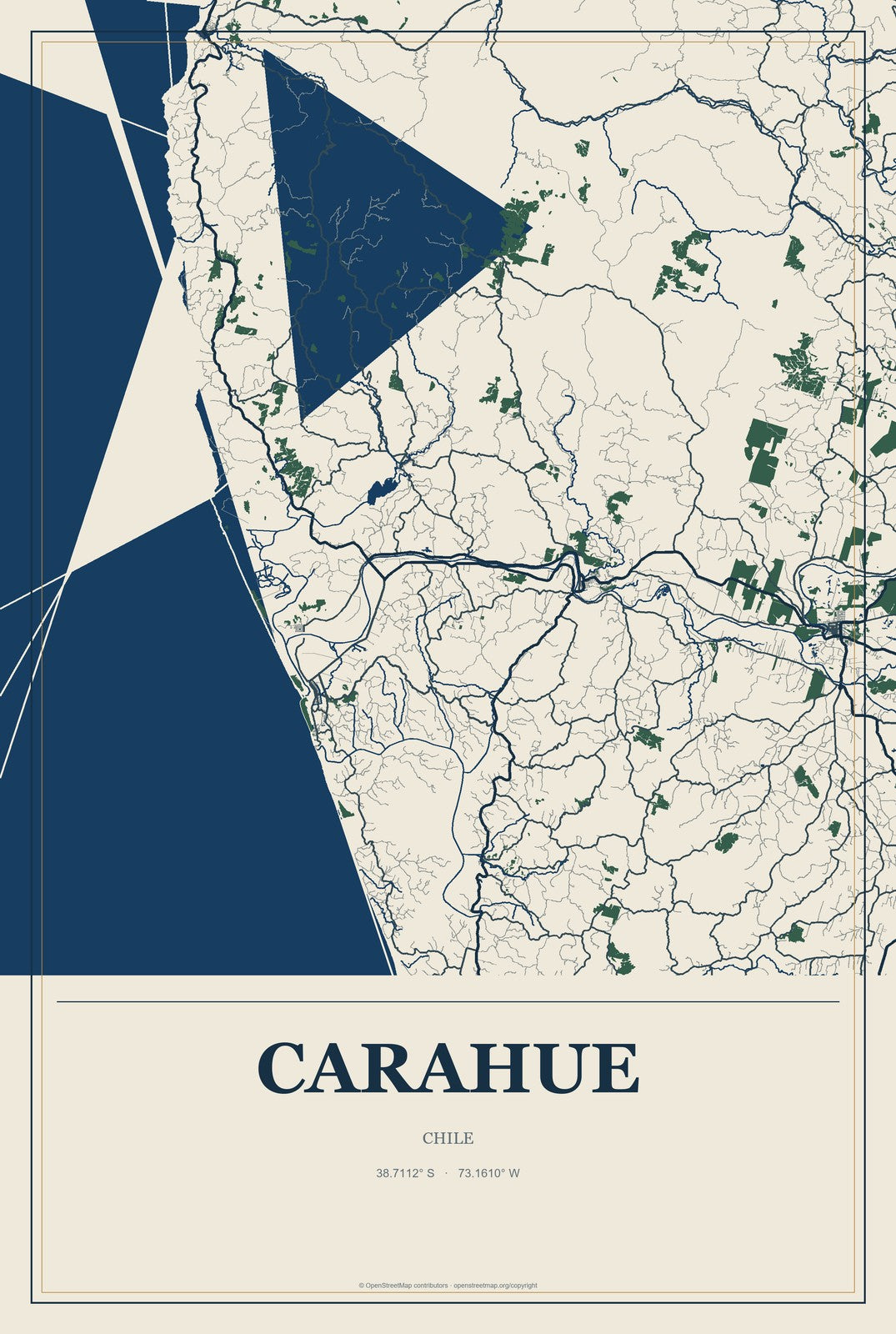 Carahue, Chile City Map Aluminum Sign in Coastal Cutout style