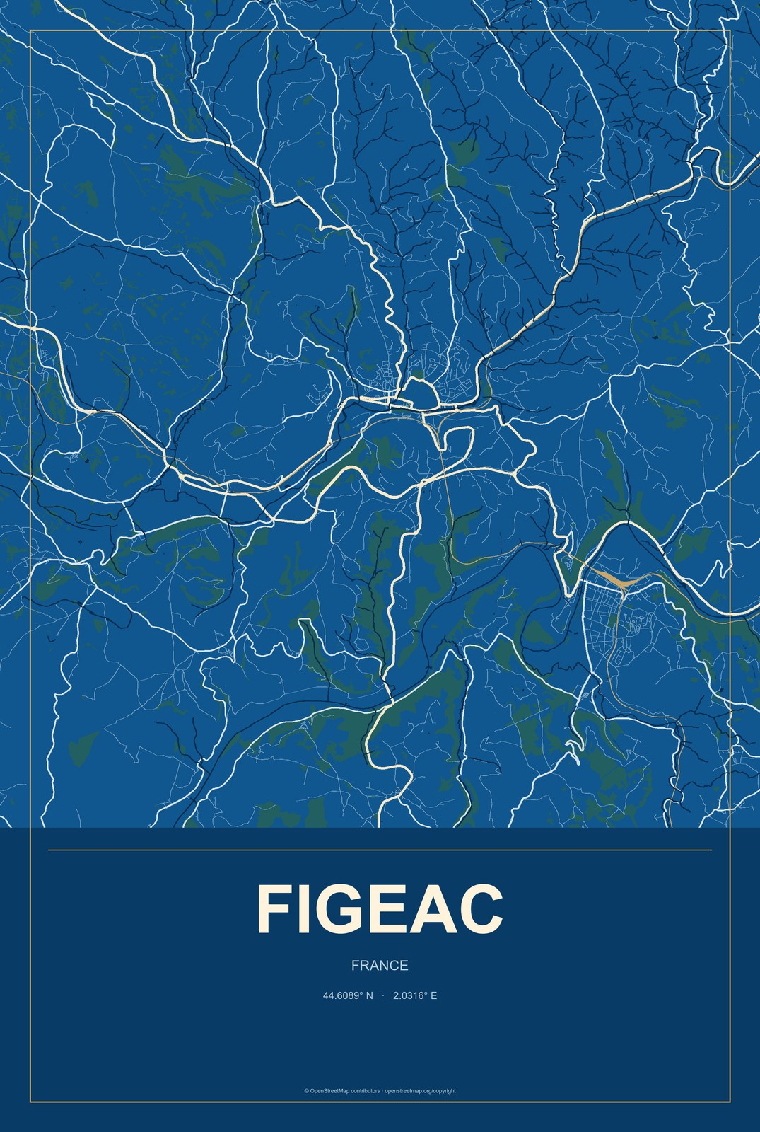 Figeac, France City Map Aluminum Sign in Harbor Cobalt style
