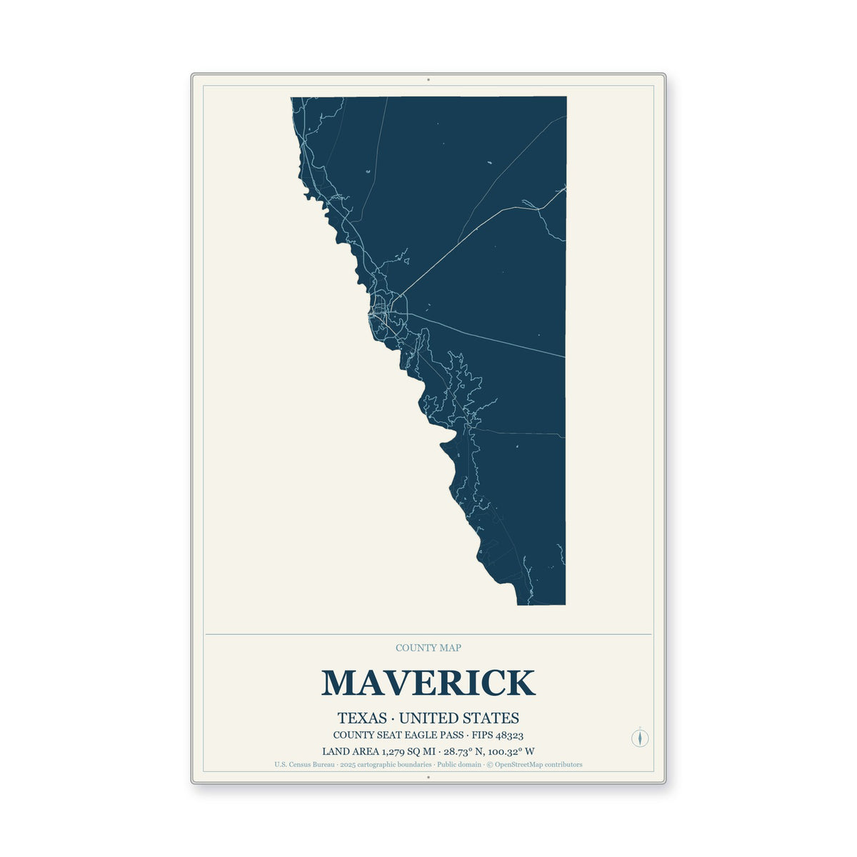 Maverick County, Texas Map Aluminum Sign in Coastal Cutout style