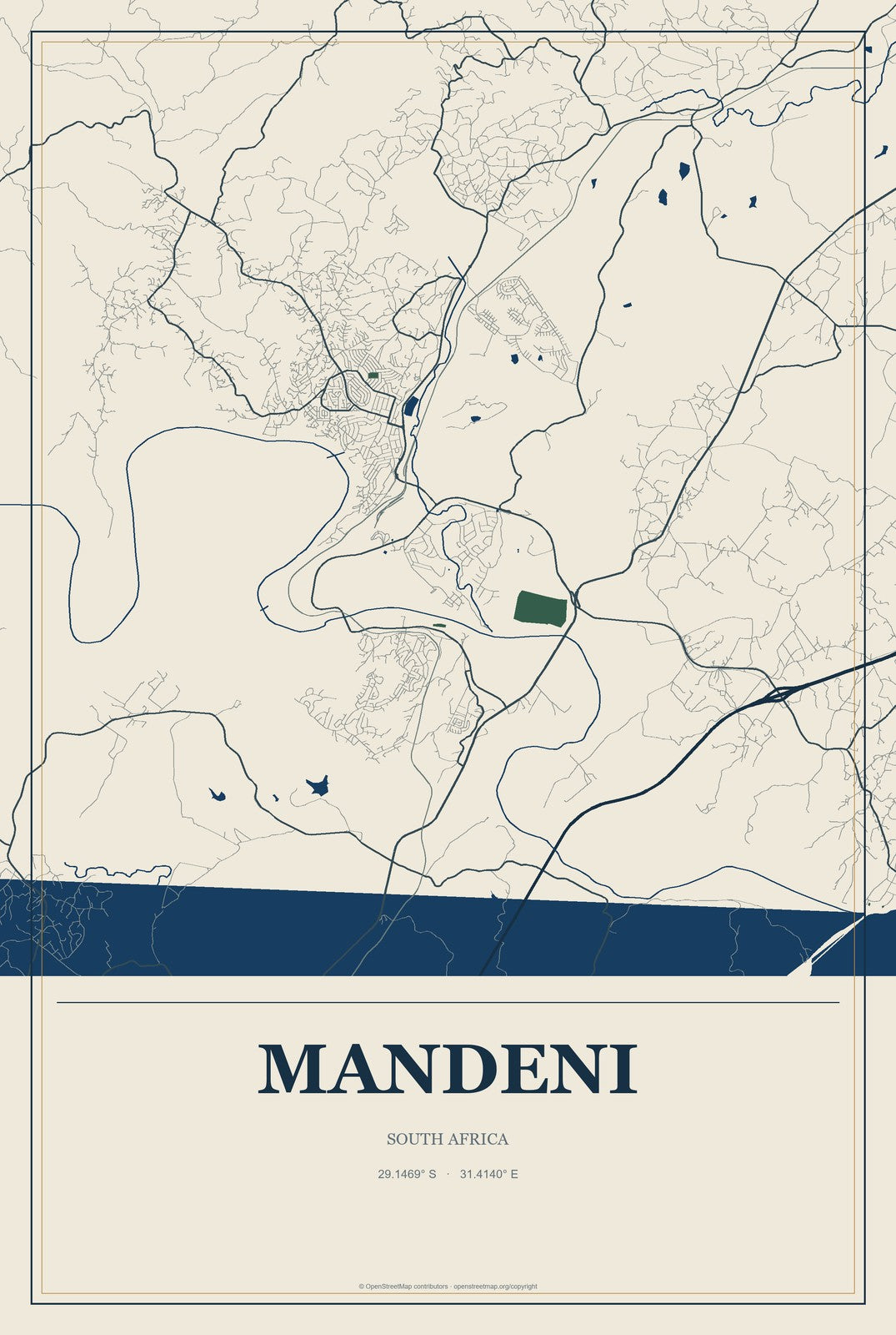 Mandeni, South Africa City Map Aluminum Sign in Coastal Cutout style