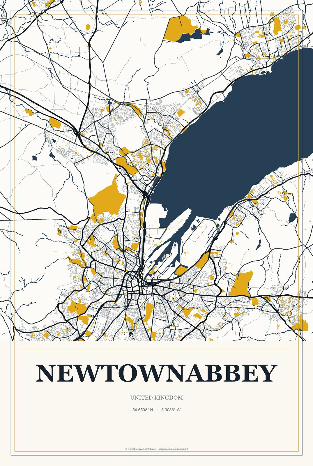 Newtownabbey, United Kingdom City Map Aluminum Sign in Citrine Modern style