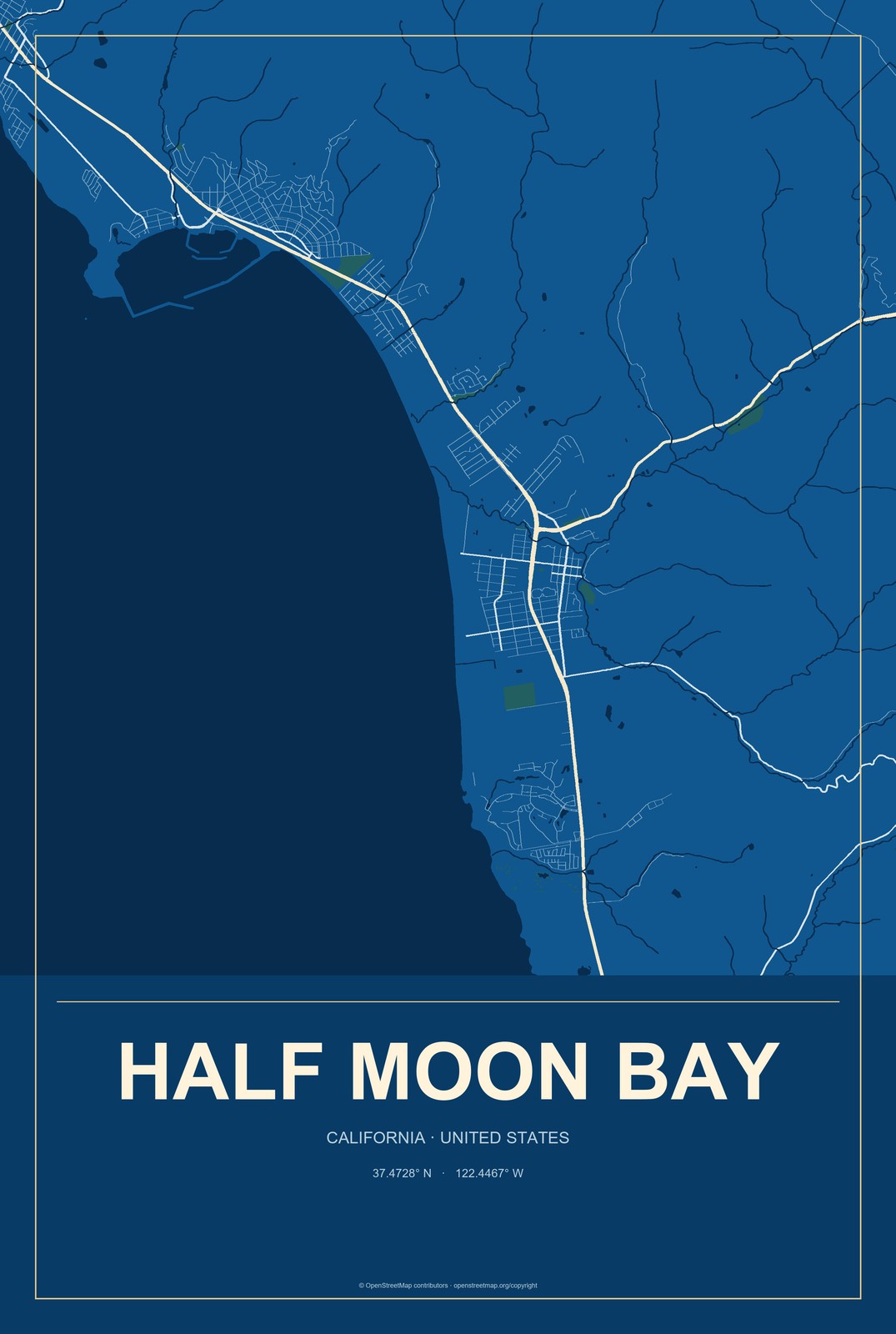 Half Moon Bay, California City Map Aluminum Sign in Harbor Cobalt style